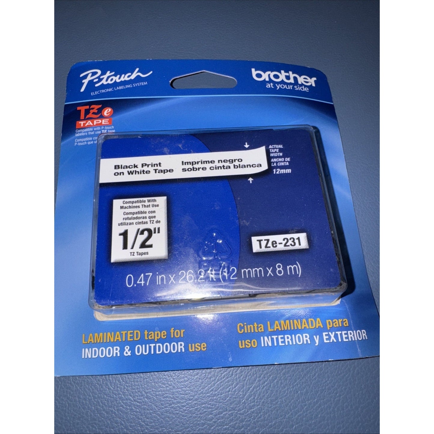 Brother TZE231 black print on white laminated tape for P-touch label maker 1/2 inch width packaging on blue backing