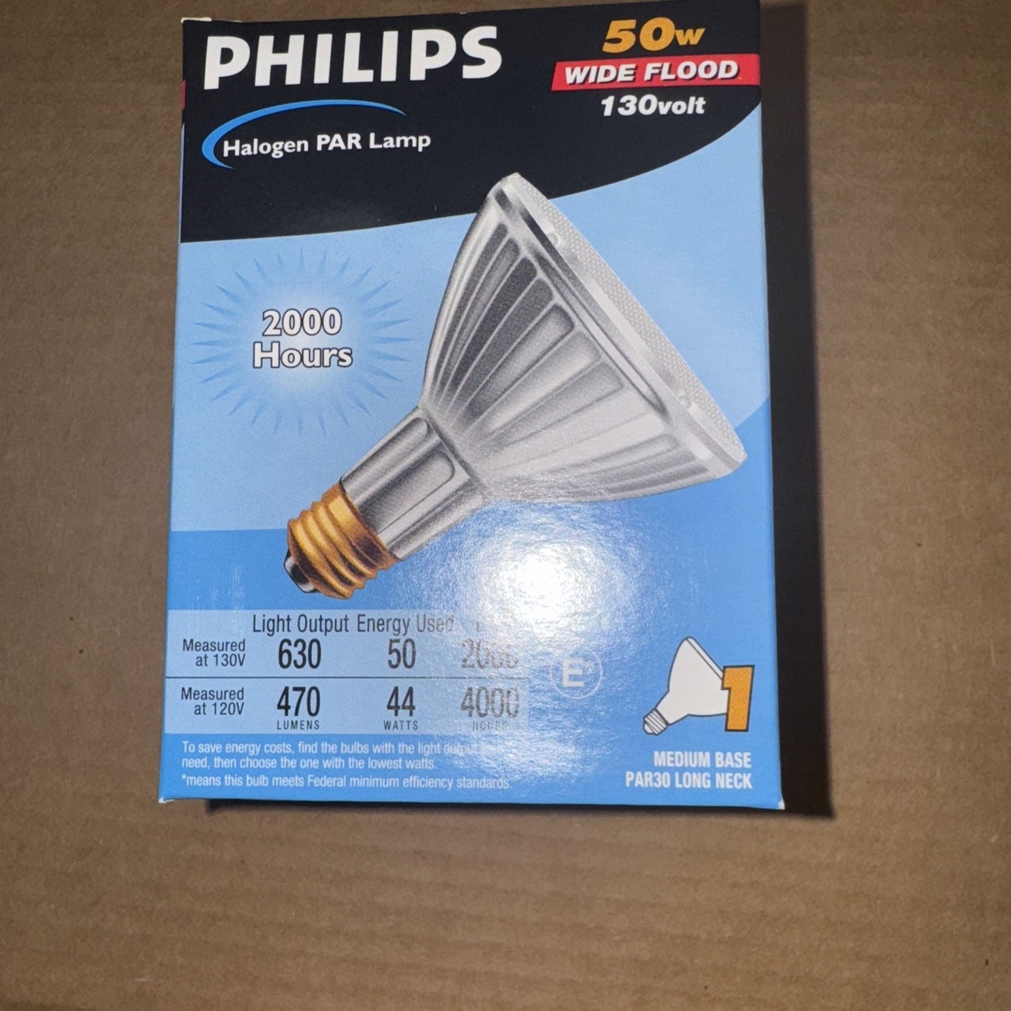 Phillips 50W Halogen PAR30 wide flood light bulb with 2000 hour life and medium base packaging box