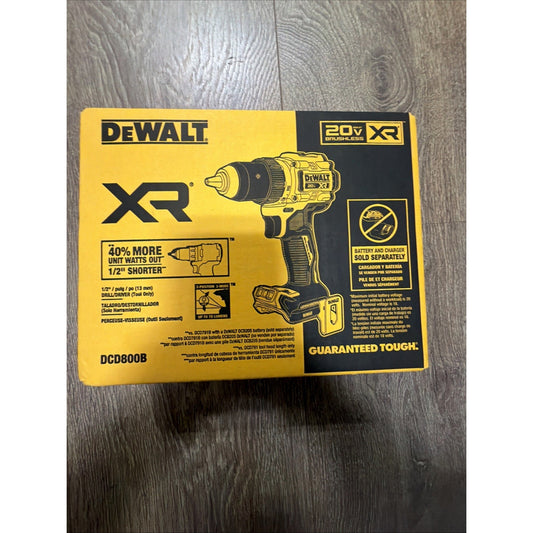 Yellow and black DeWalt cardboard box featuring an illustration of a 20V XR cordless drill model DCD800B, with text highlighting 40% more unit watts out and a 1/2 inch shorter design on a wood floor background.
