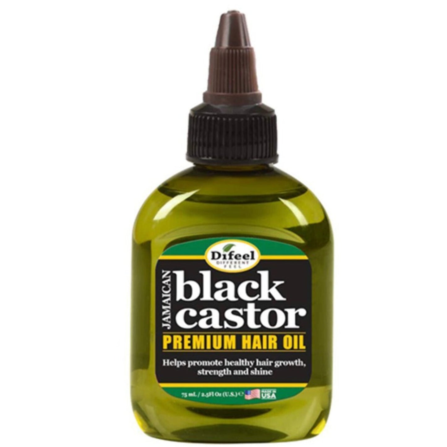 Green translucent plastic bottle of Jamaican black castor premium hair oil with a pointed brown nozzle cap and label highlighting hair growth, strength, and shine benefits.