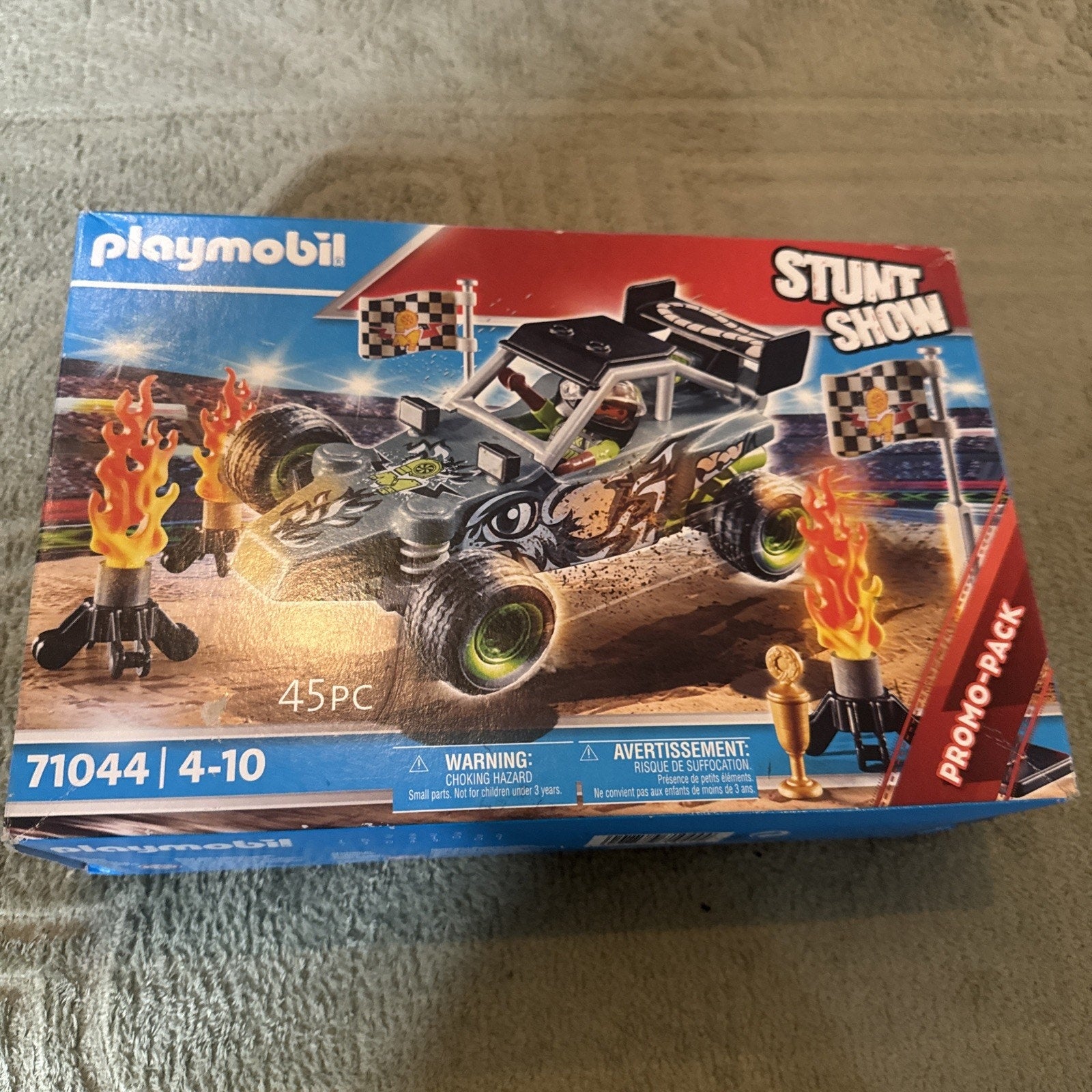 Playmobil 71044 Stunt Show Racing Off-Road Buggy Promo Pack new sealed set with flames and checkered flags