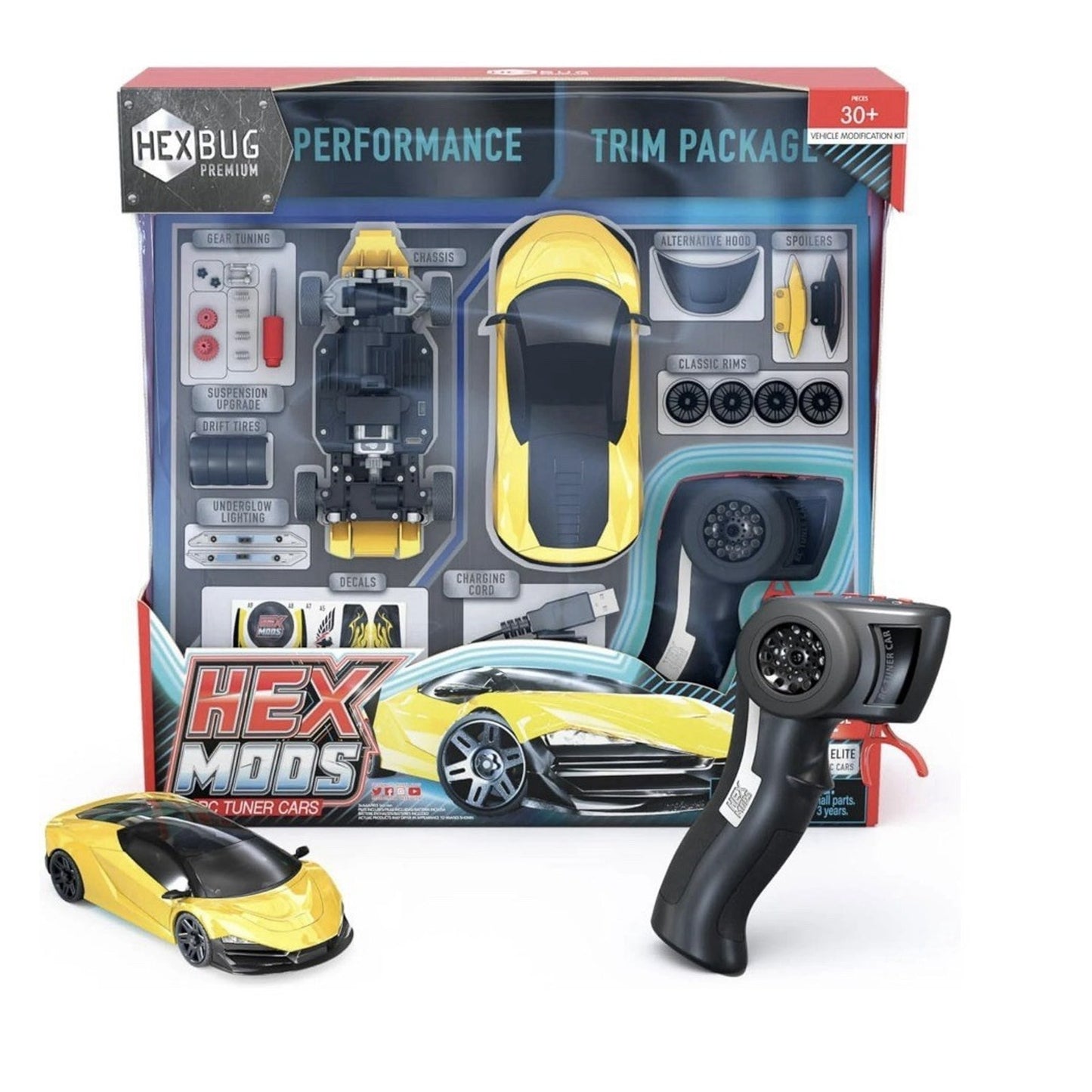 Set featuring a yellow remote-controlled sports car, a black and gray handheld controller, and various car upgrade parts displayed in branded packaging with graphics and text.