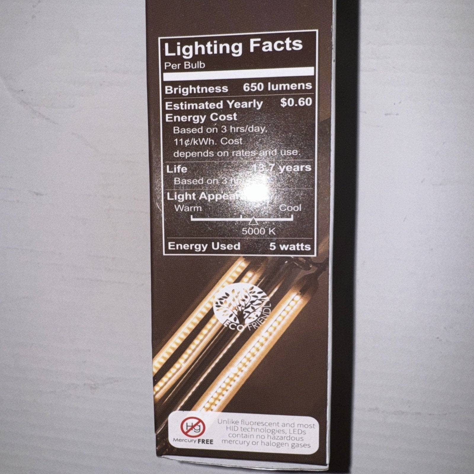 Sunlite chandelier LED bulb packaging showing 650 lumens brightness and 5 watt energy usage label details