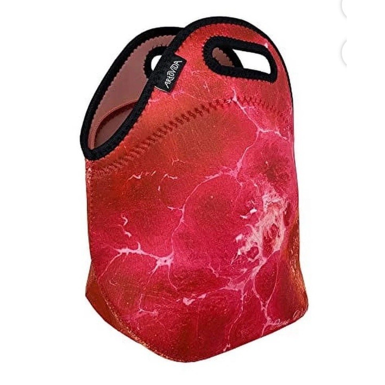 Red and pink marbled neoprene Artovida lunch bag with black trim and integrated handles for carrying meals and snacks