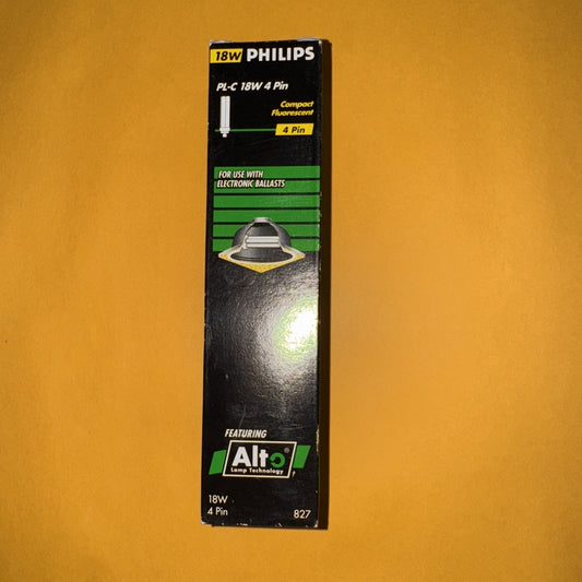 Philips 18W PL-C 4-pin compact fluorescent light bulb packaging with Alto lamp technology on orange background