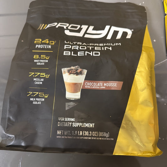 Black and yellow resealable pouch of Pro Jym ultra-premium protein blend dietary supplement in chocolate mousse flavor, displaying nutritional content per serving on front.