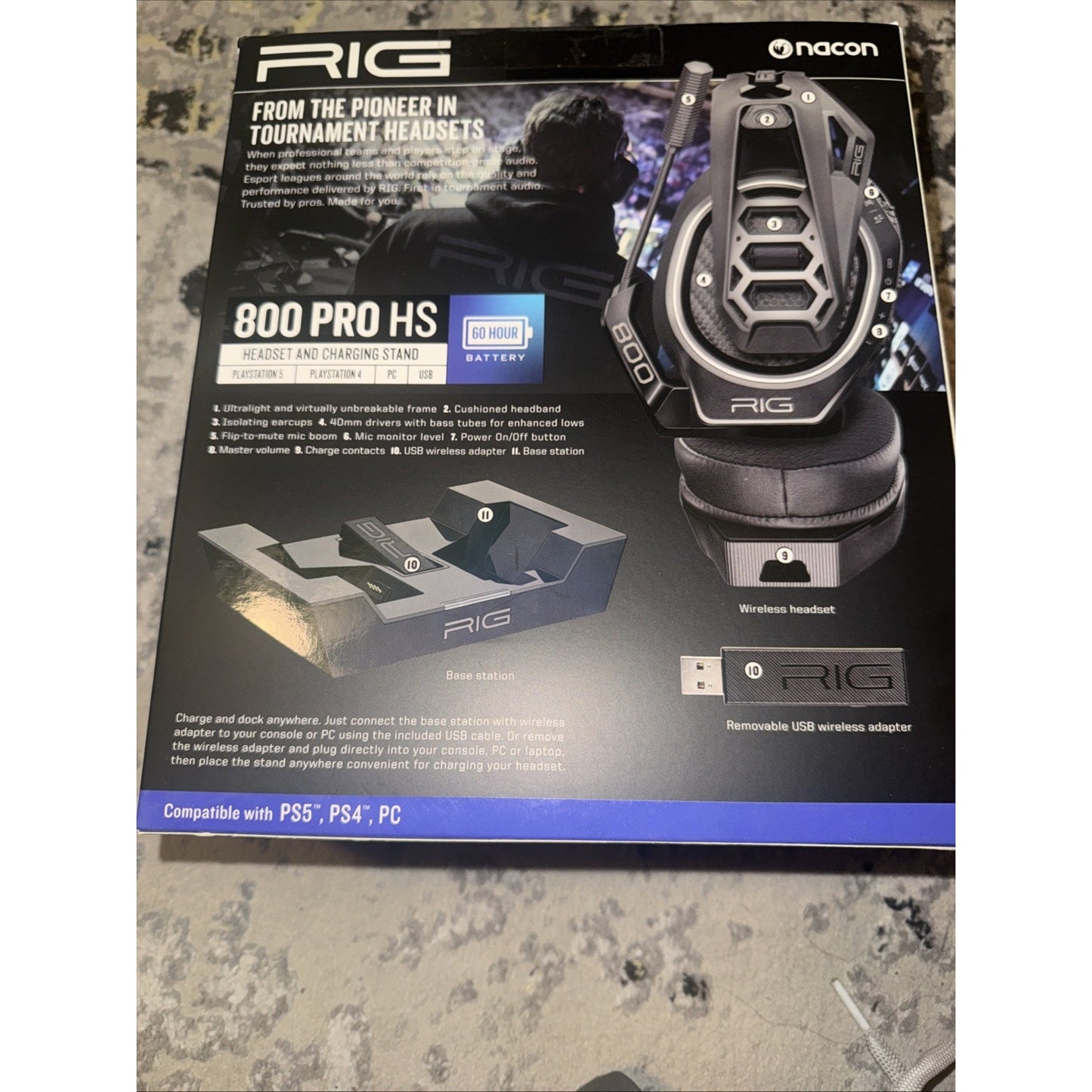 RIG 800 Pro HS wireless gaming headset in black with charging stand and removable USB adapter for PS5 PS4 PC