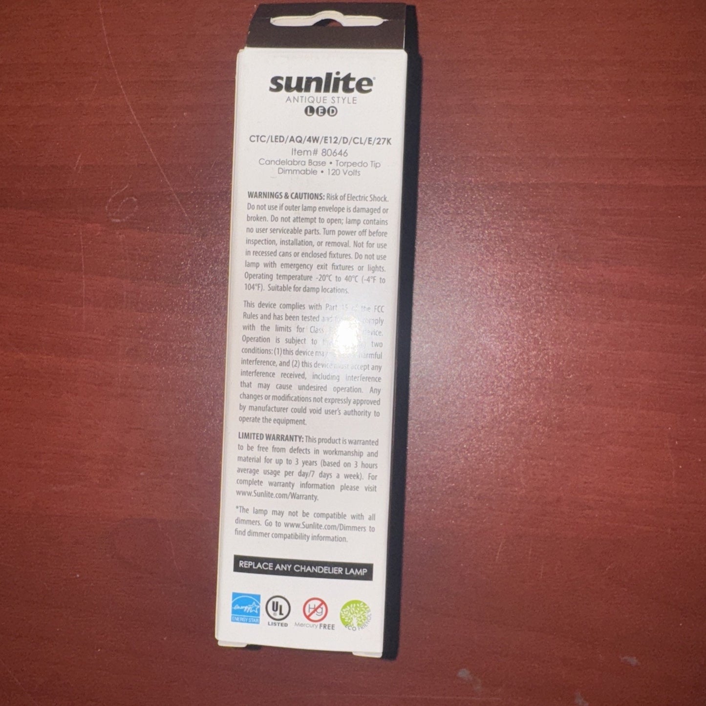 Sunlite LED Filament Chandelier Bulb 4W 40W equivalent clear dimmable 2700K torpedo tip packaging back view