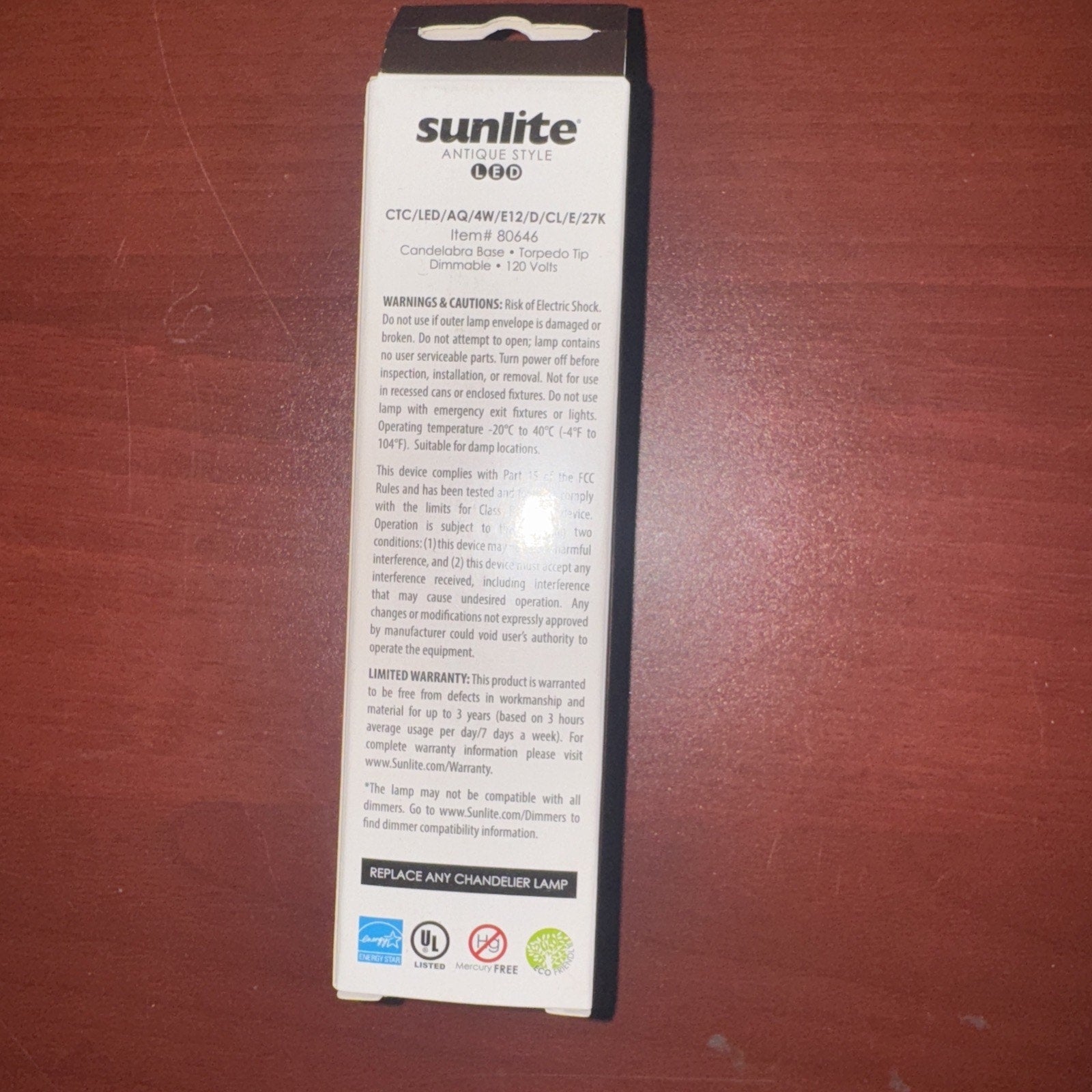 Sunlite LED Filament Chandelier Bulb 4W 40W equivalent clear dimmable 2700K torpedo tip packaging back view