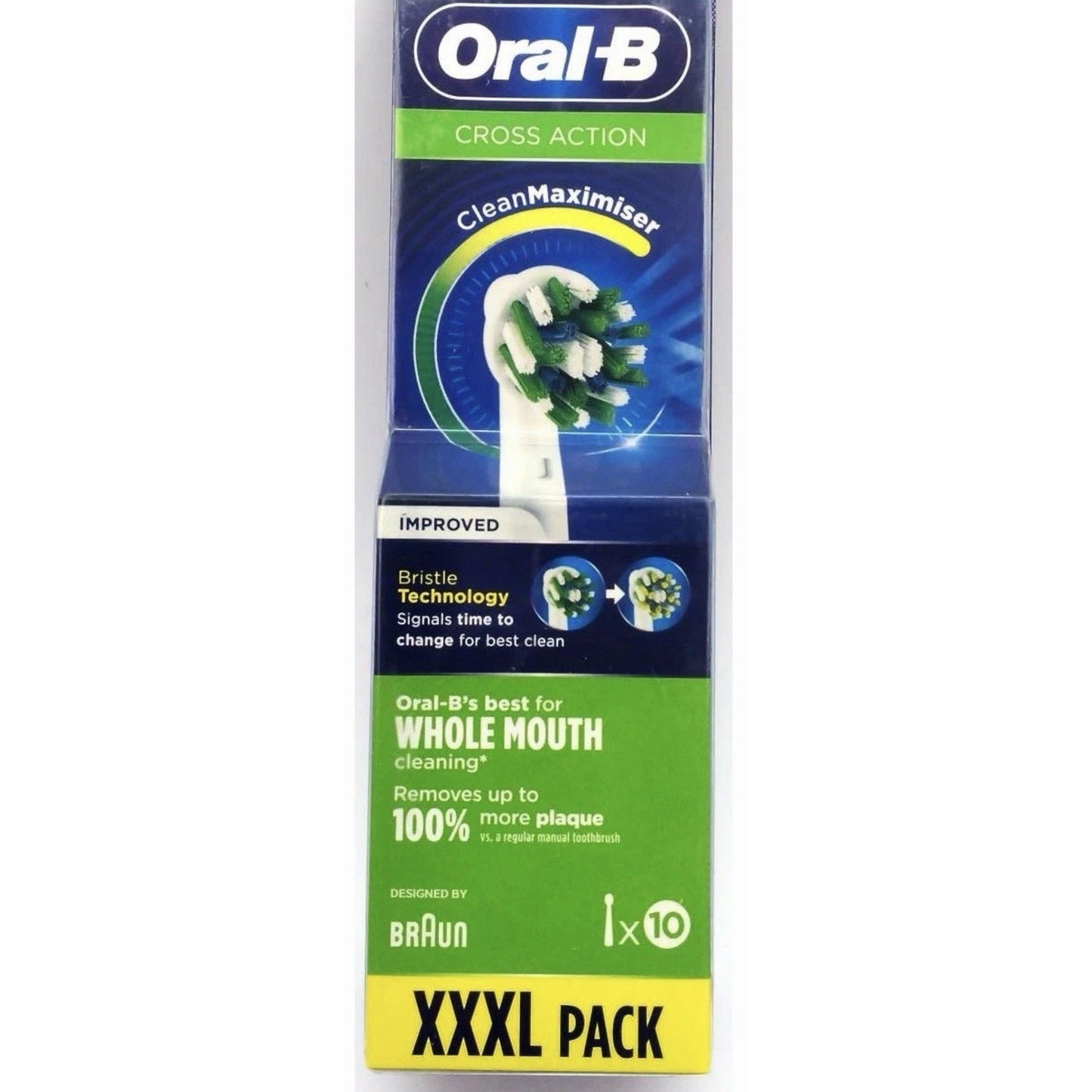 Pack of Oral-B Cross Action replacement toothbrush heads with CleanMaximiser bristles, featuring improved technology to signal when to change for optimal plaque removal.