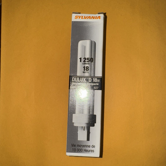 Sylvania CF18DD/827 T4 CFL 2-Pin G24d-2 Base 18-Watt Compact Fluorescent bulb in retail packaging on yellow background