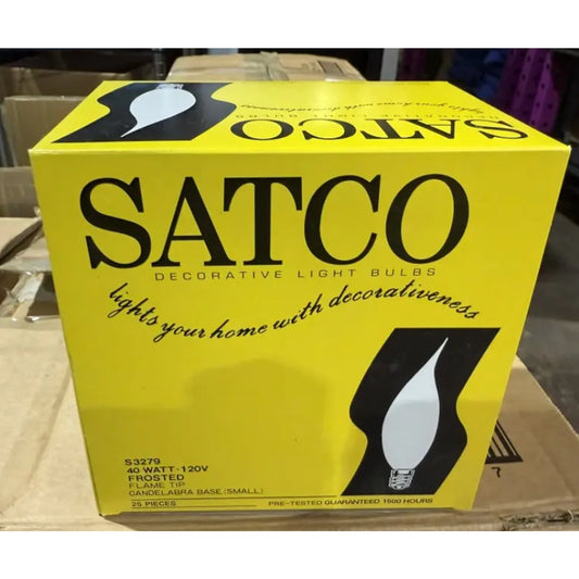 Yellow box of Satco S3279 frosted flame tip candelabra base bulbs 40W 120V pack of 25