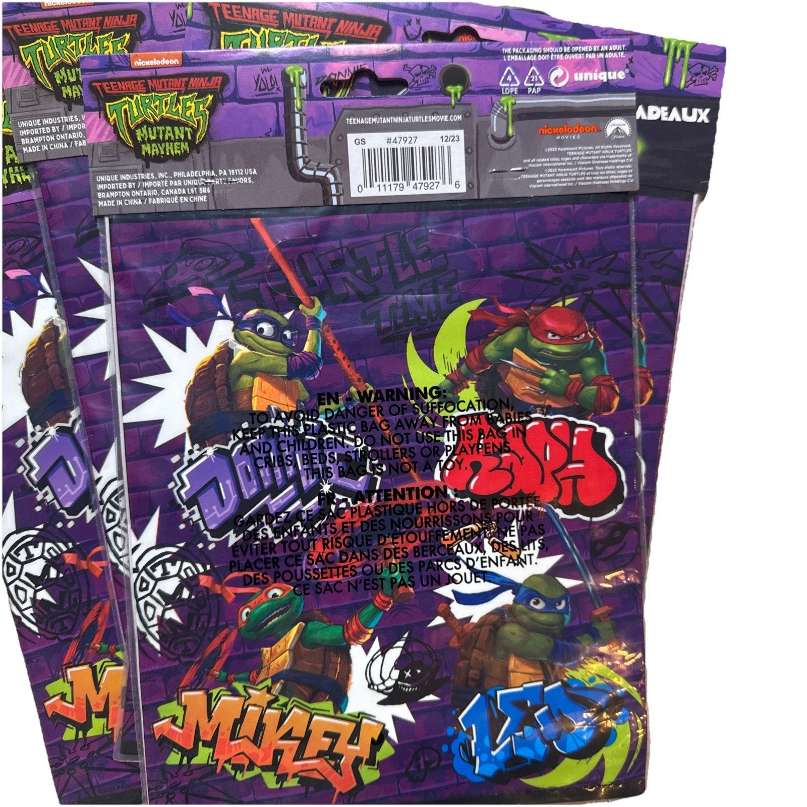 Teenage Mutant Ninja Turtles party favor bags featuring colorful TMNT characters and themed graffiti designs