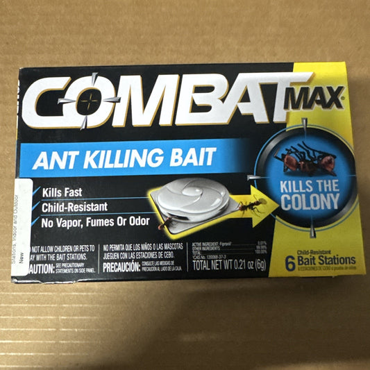 Combat Max Source Ant Killing Bait box showing six child-resistant bait stations and ant colony graphic