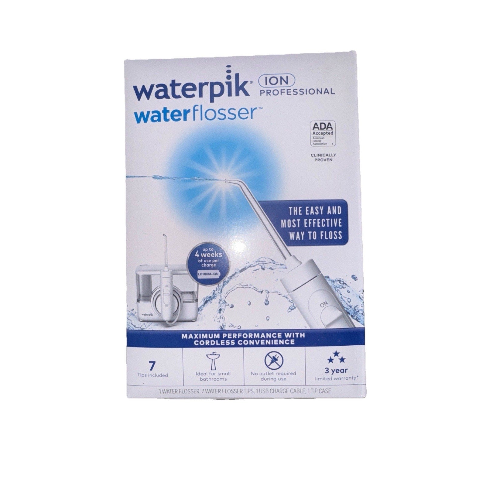 Boxed Waterpik Water Flosser Platinum WP-100W with cordless design and tips, showing front of product packaging