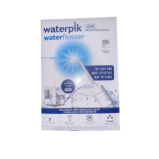Boxed Waterpik Water Flosser Platinum WP-100W with cordless design and tips, showing front of product packaging