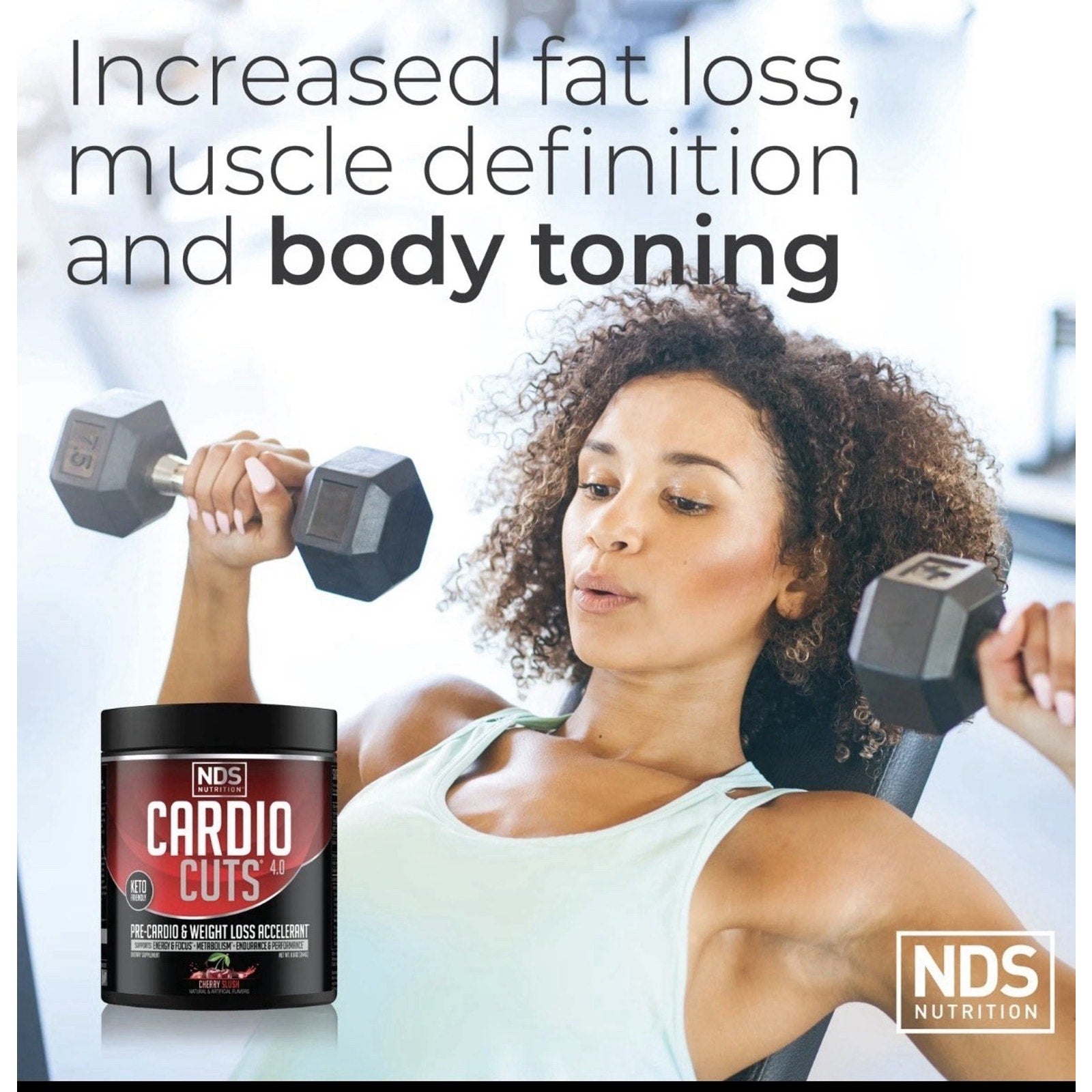 Woman with curly hair lifting black hex dumbbells wearing a light blue tank top, with text promoting increased fat loss, muscle definition, and body toning, alongside a container of NDS Cardio Cuts supplement.