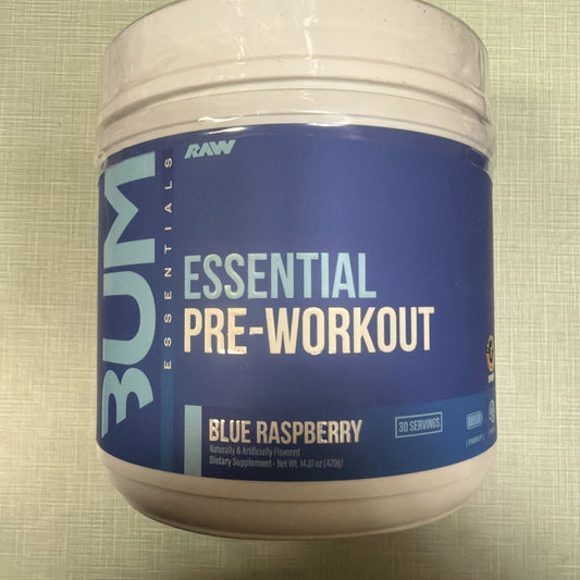 White plastic container of RAW BUM Essential Pre-Workout supplement in Blue Raspberry flavor with a blue label and white and light blue text, offering 30 servings.