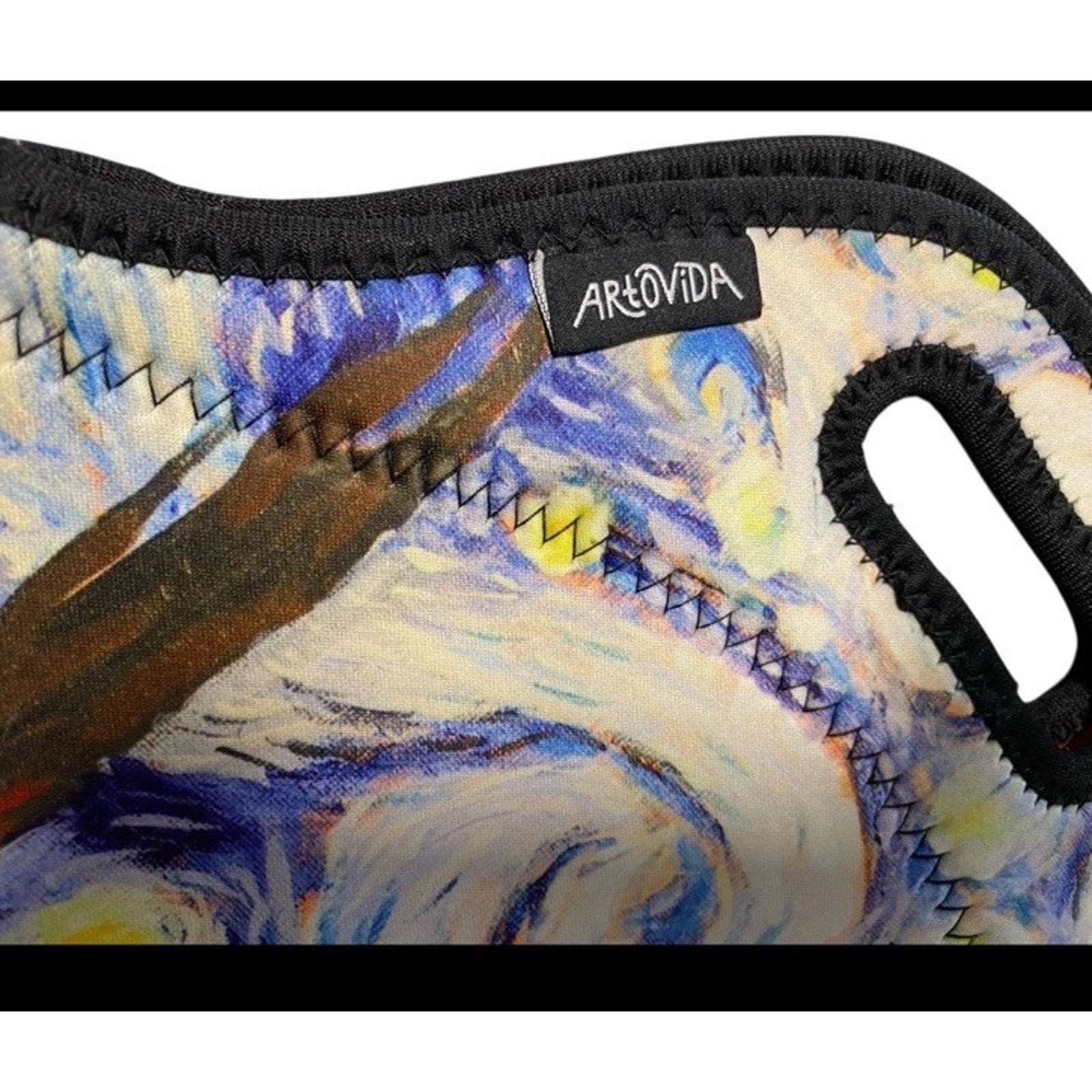Close-up of ARTOVIDA Starry Night Asheville Classic Tote lunch bag showing neoprene material and stitched handle detail