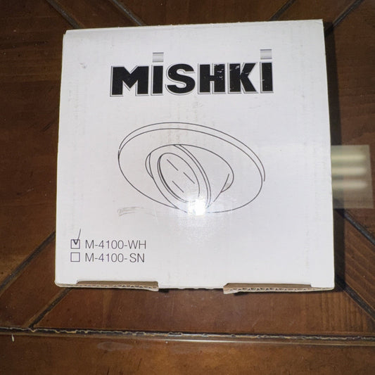 MISHKI M-4100-WH recessed lighting trim box showing white adjustable gimbal ceiling spotlight illustration