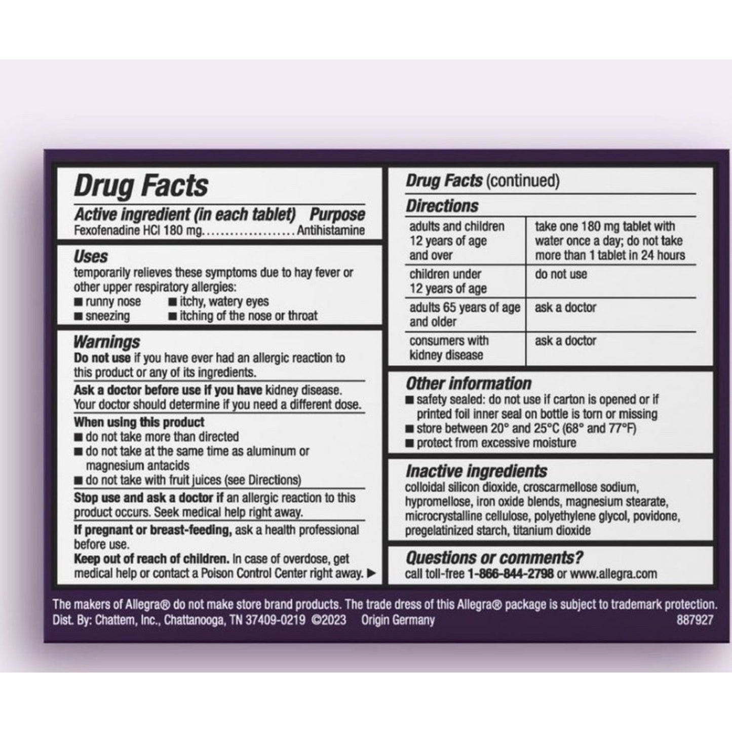 Close-up of the back label of an Allegra allergy medication box showing detailed drug facts including active ingredient dose, uses, warnings, directions, inactive ingredients, and contact information.