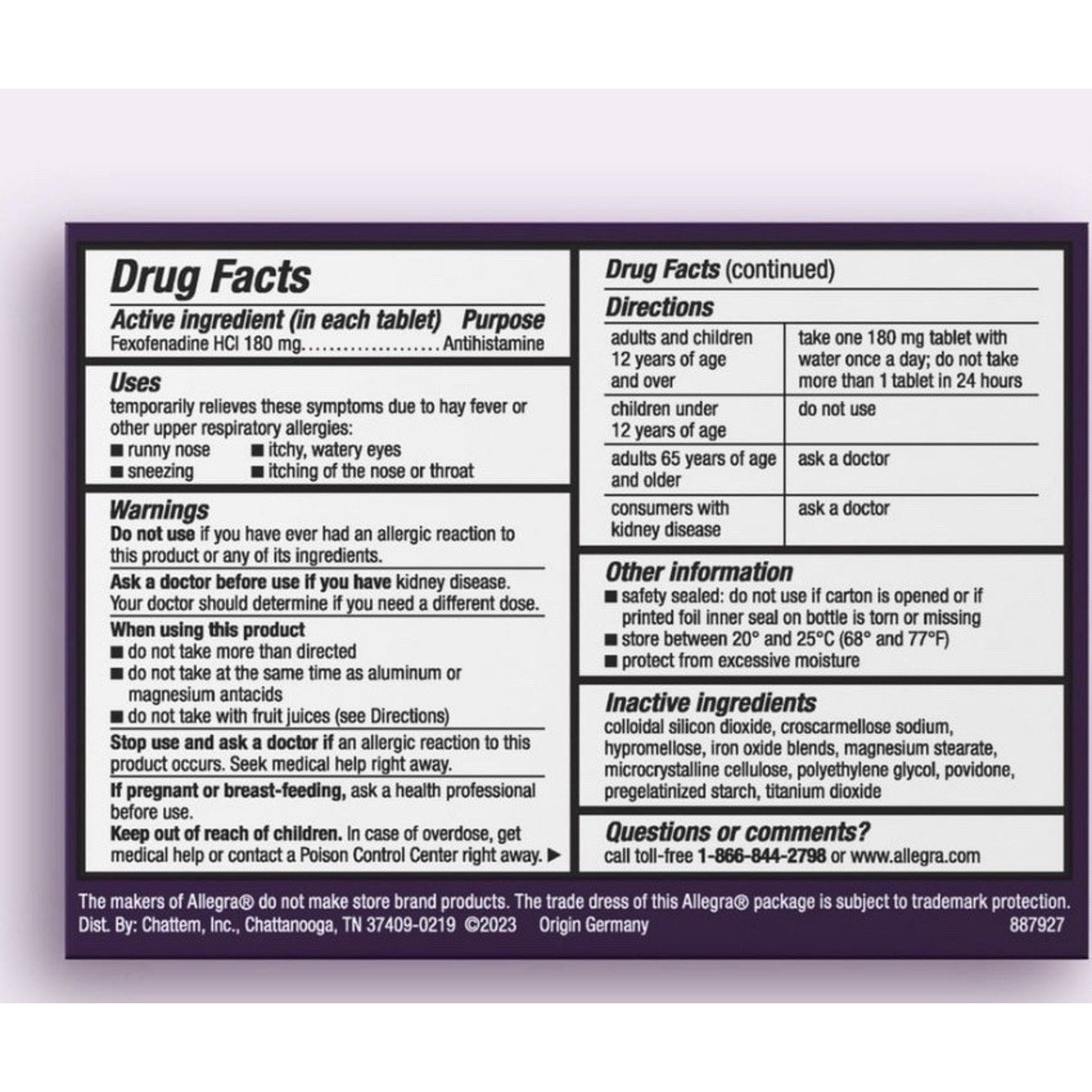Close-up of the back label of an Allegra allergy medication box showing detailed drug facts including active ingredient dose, uses, warnings, directions, inactive ingredients, and contact information.