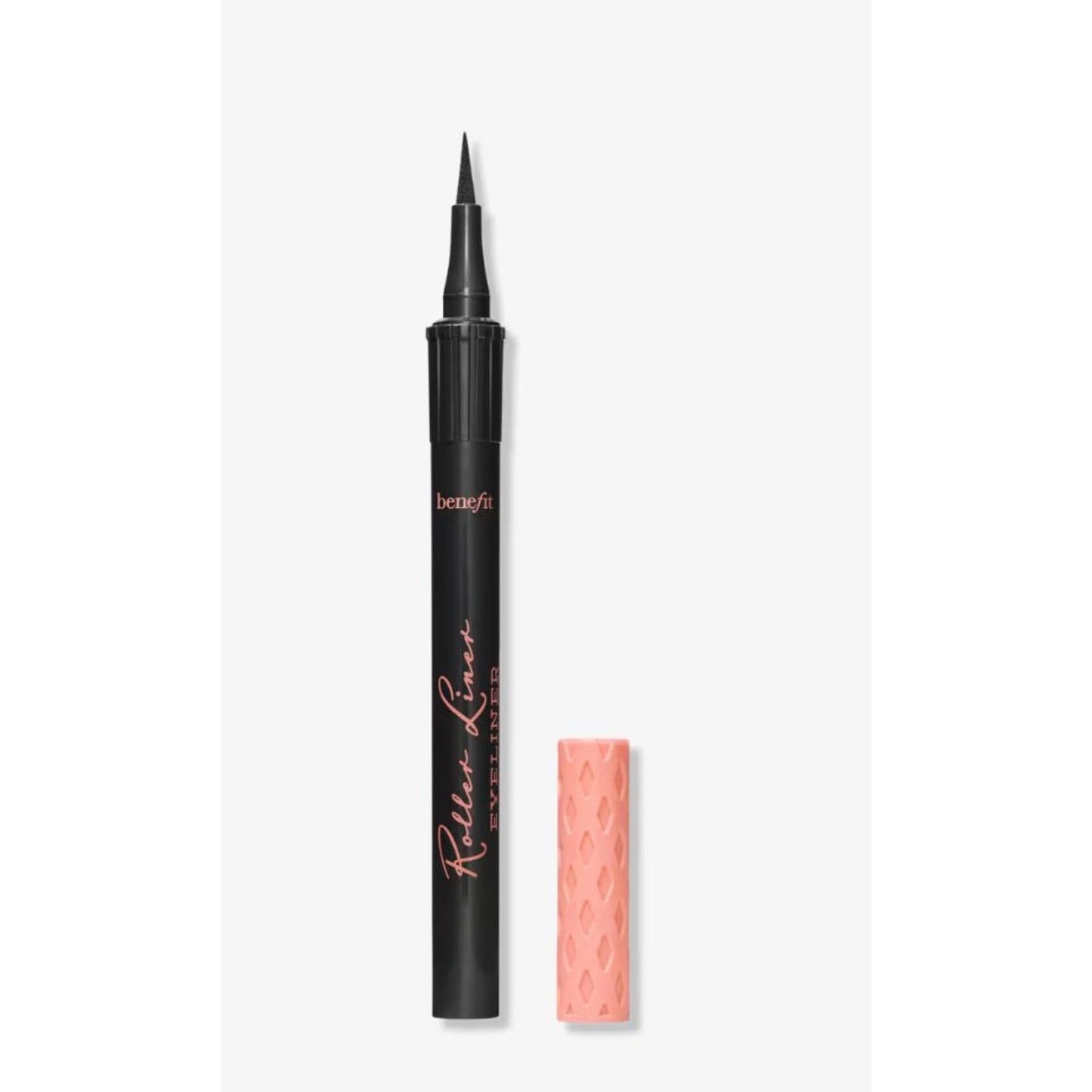 Black liquid eyeliner pen with a thin brush tip and a coral pink textured cap placed beside it on a white background.