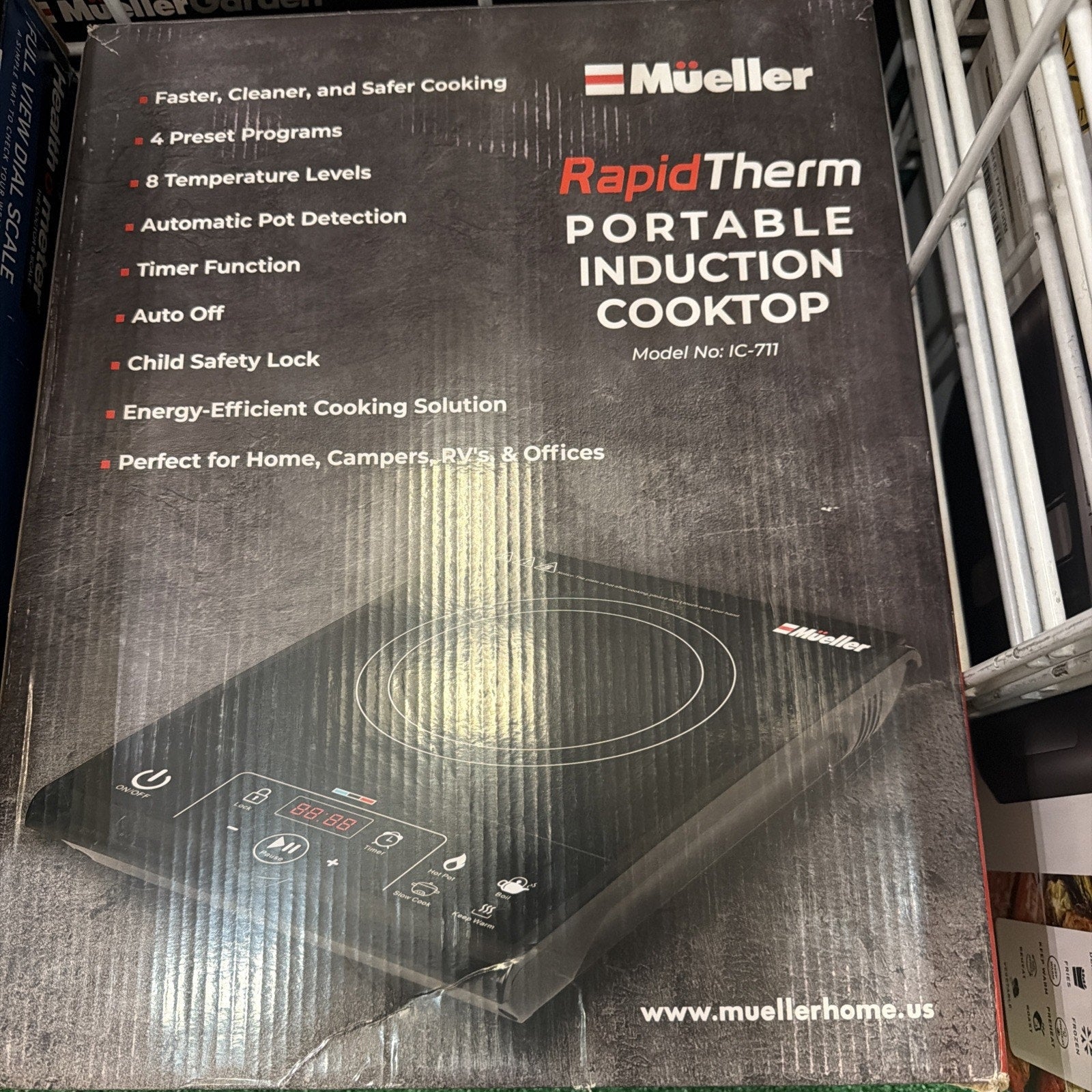 Mueller RapidTherm portable induction cooktop box showing features like 4 preset programs, 8 temperature levels, automatic pot detection, timer, child safety lock, and energy-efficient design.