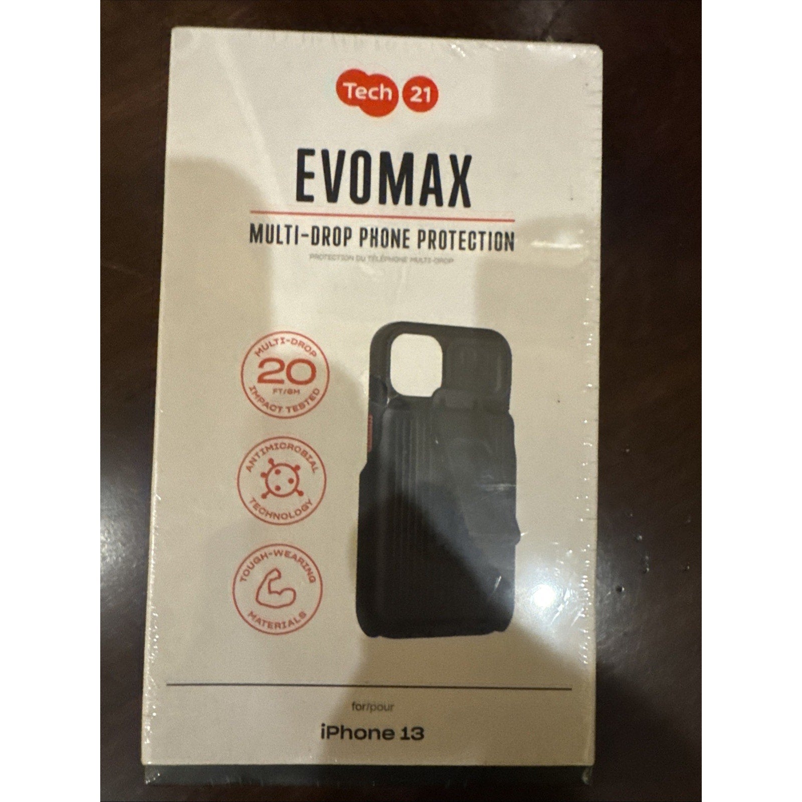 Tech-21 EvoMax rugged iPhone 13 Pro case in black with multi-drop protection and shock-absorbent technology on packaging box