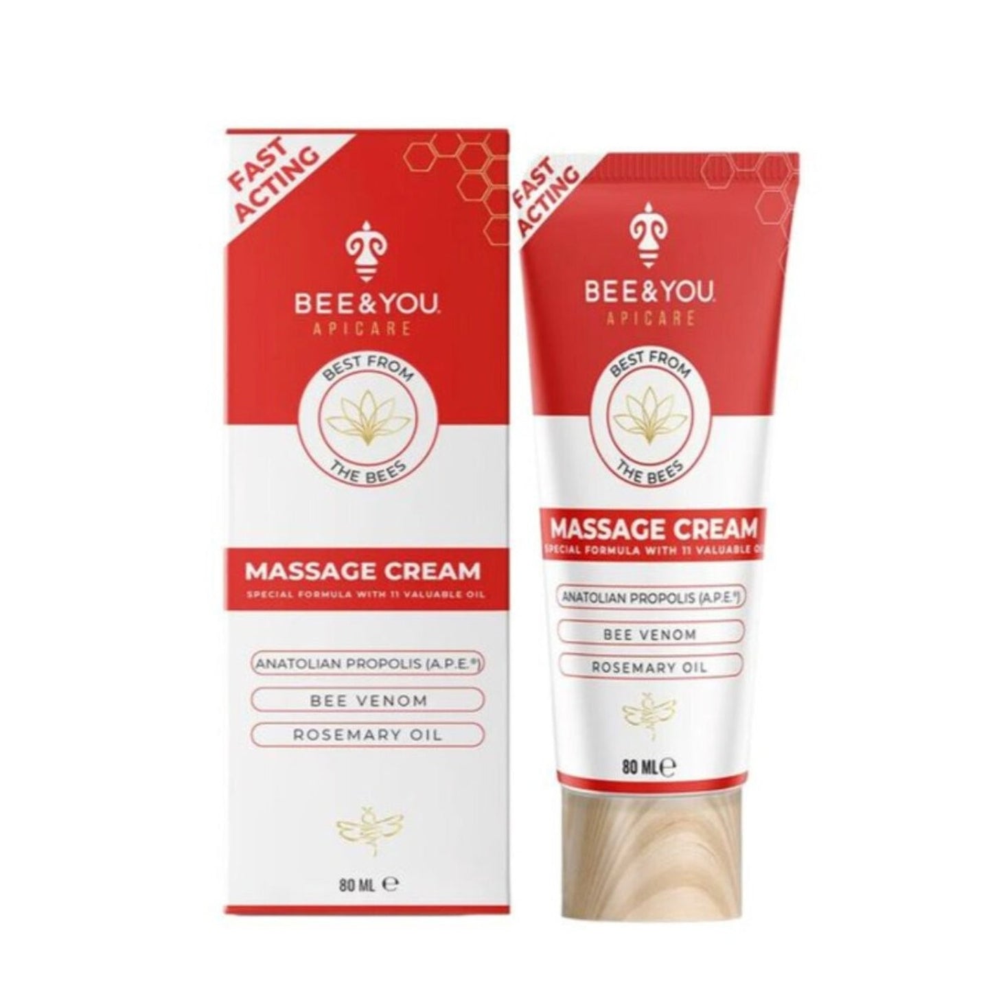Tube and box of Bee & You Apicare massage cream in red and white packaging, featuring ingredients Anatolian propolis, bee venom, and rosemary oil, with wooden-textured cap.