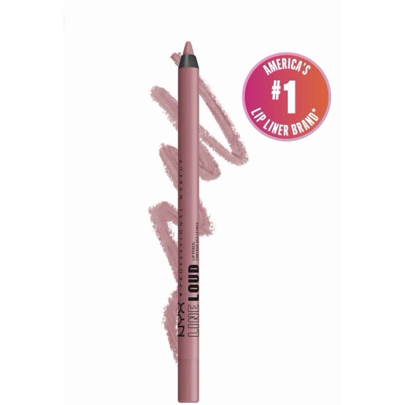 Mauve-colored lip liner pencil with a smudged line behind it and a round badge stating "America's #1 lip liner brand" on a white background.