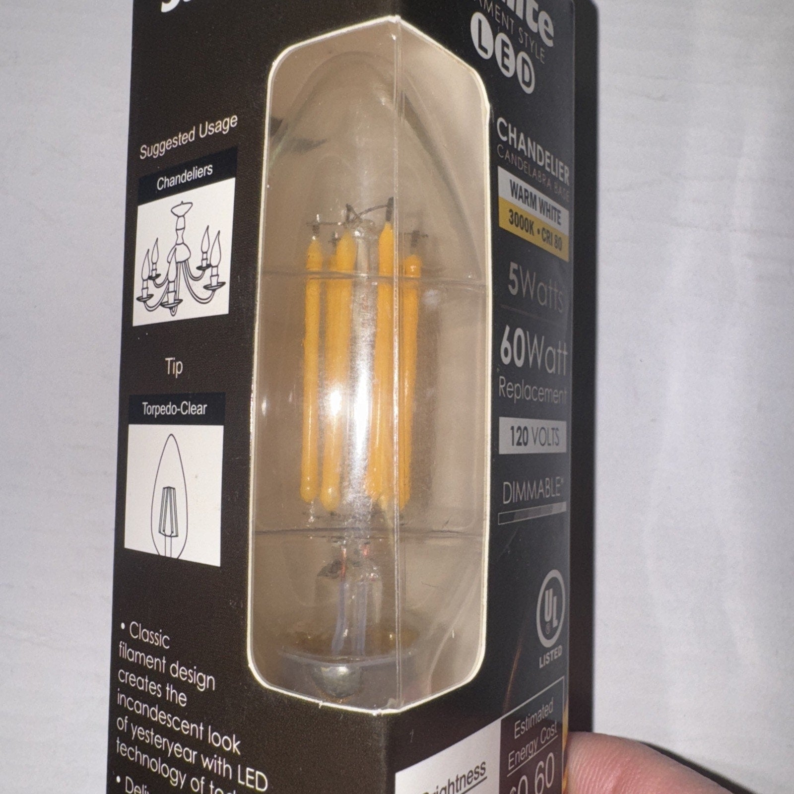 Sunlite LED 5-watt warm white filament bulb 600 lumens clear torpedo tip chandelier replacement in packaging