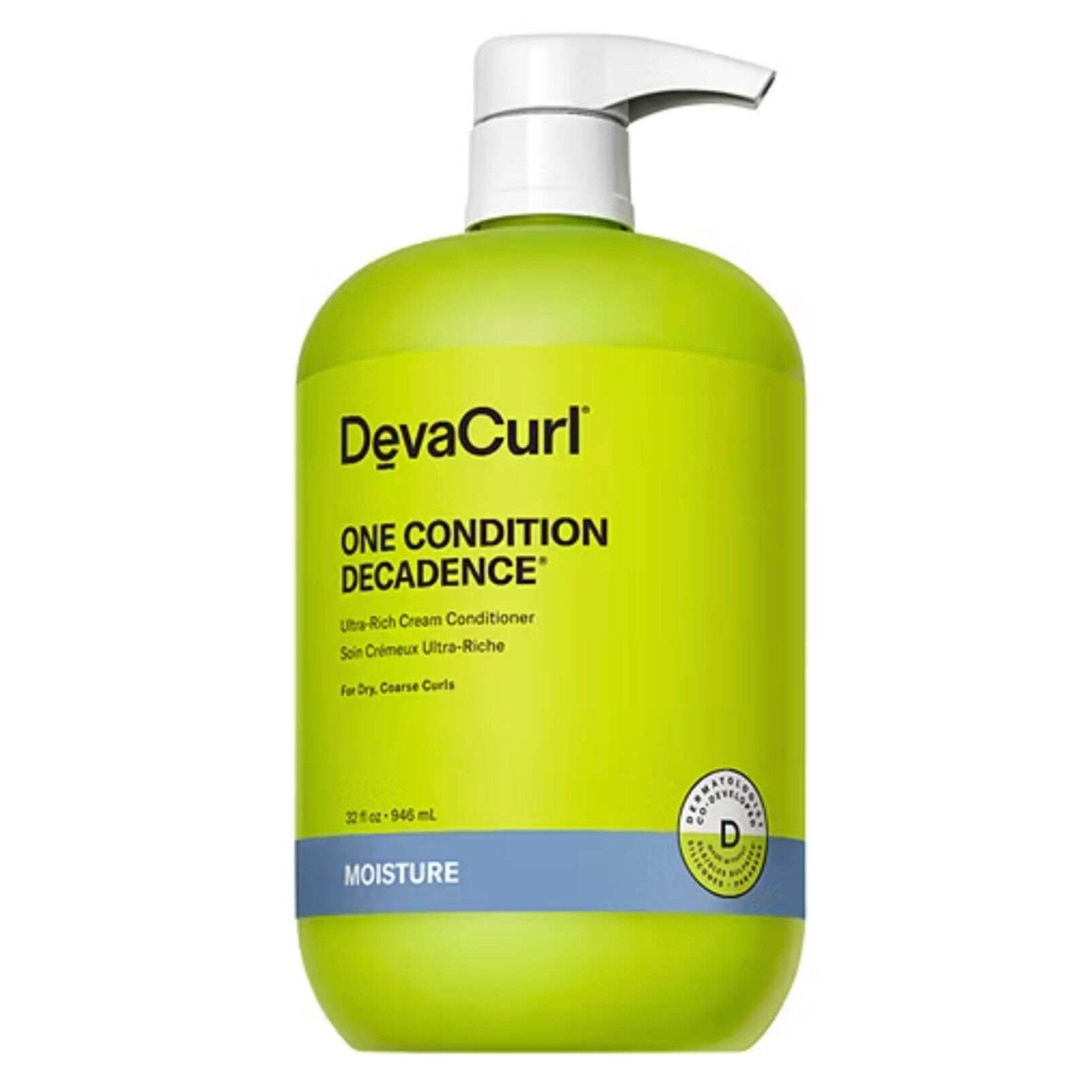 DevaCurl One Condition Decadence 32oz bottle for intense moisture and hydration of dry, coarse curls with pump dispenser