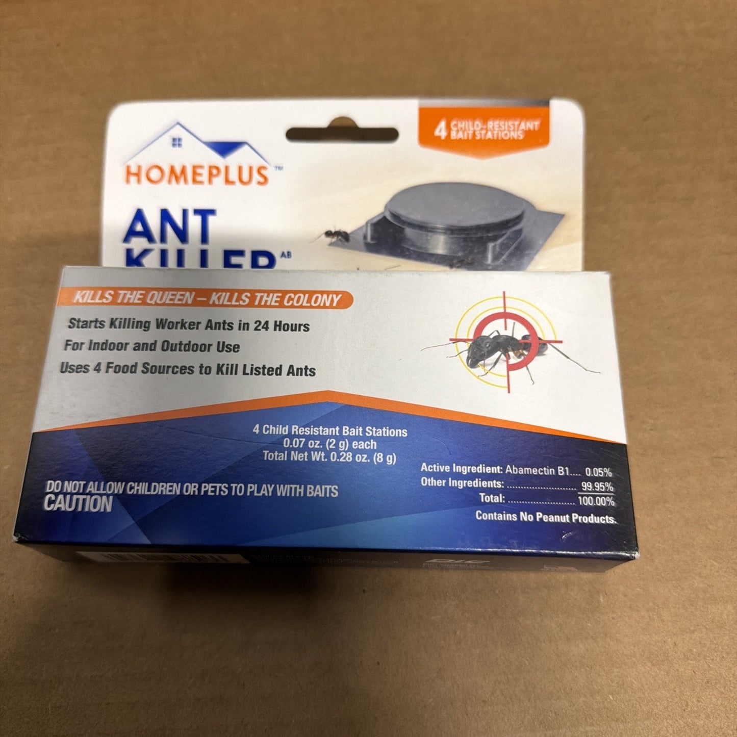 Box of HOMEPLUS ant killer containing four child-resistant bait stations, highlighting effectiveness against queen and colony with information on active ingredients and safety warnings.