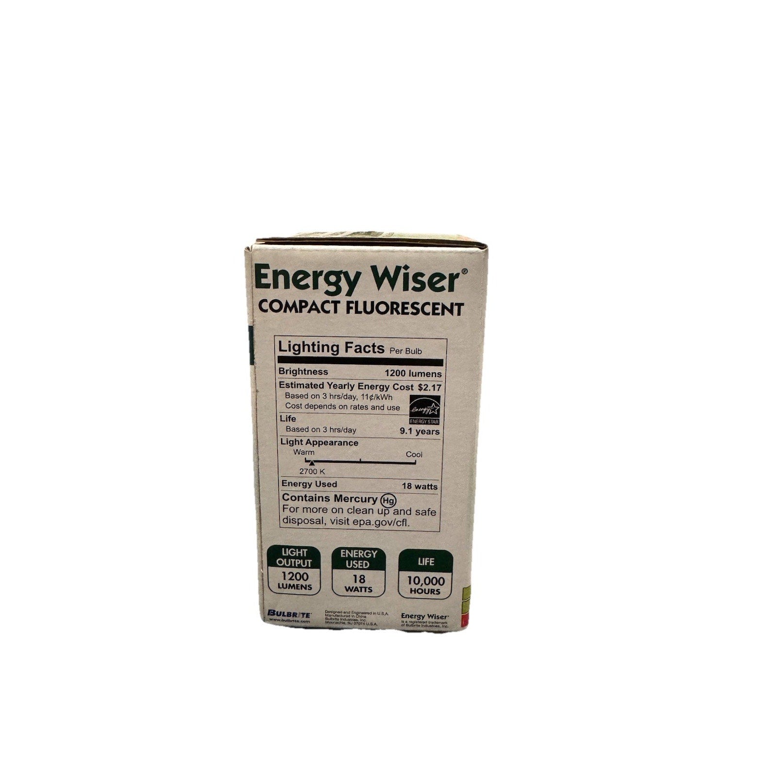 Energy Wiser compact fluorescent bulb packaging showing 1200 lumens, 18 watts, 2700K warm white, and 10,000 hour life