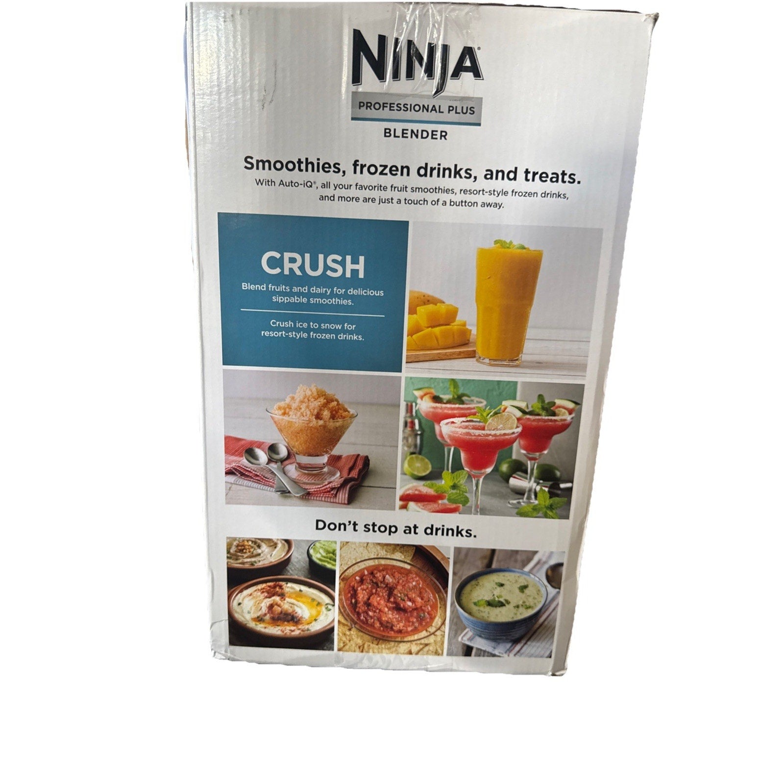 Ninja Professional Plus blender box highlighting smoothie, frozen drink, and treat recipes with vibrant food images