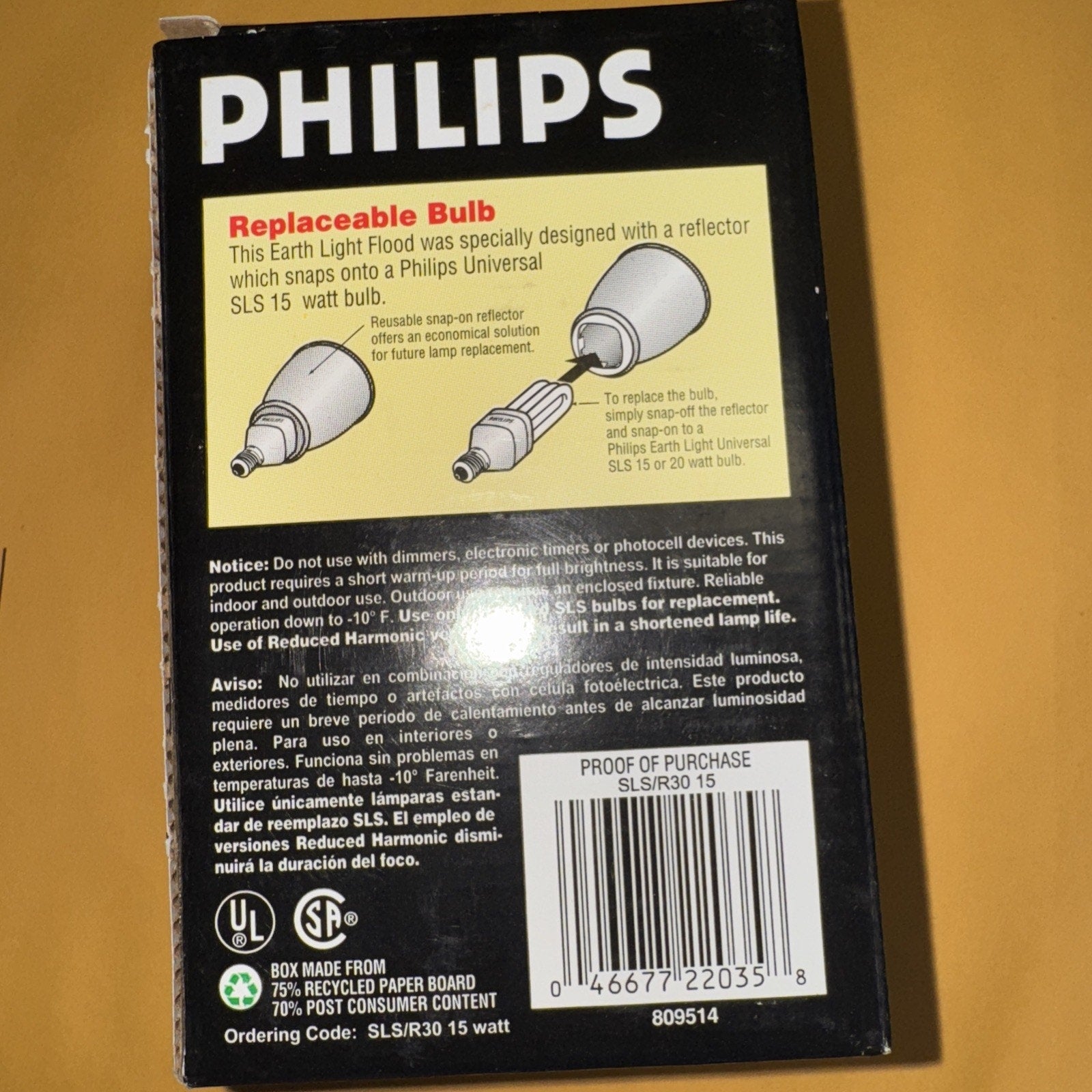 Philips Earth Light 15 watt R30 flood energy saving light bulb with replaceable reflector and eco-friendly packaging