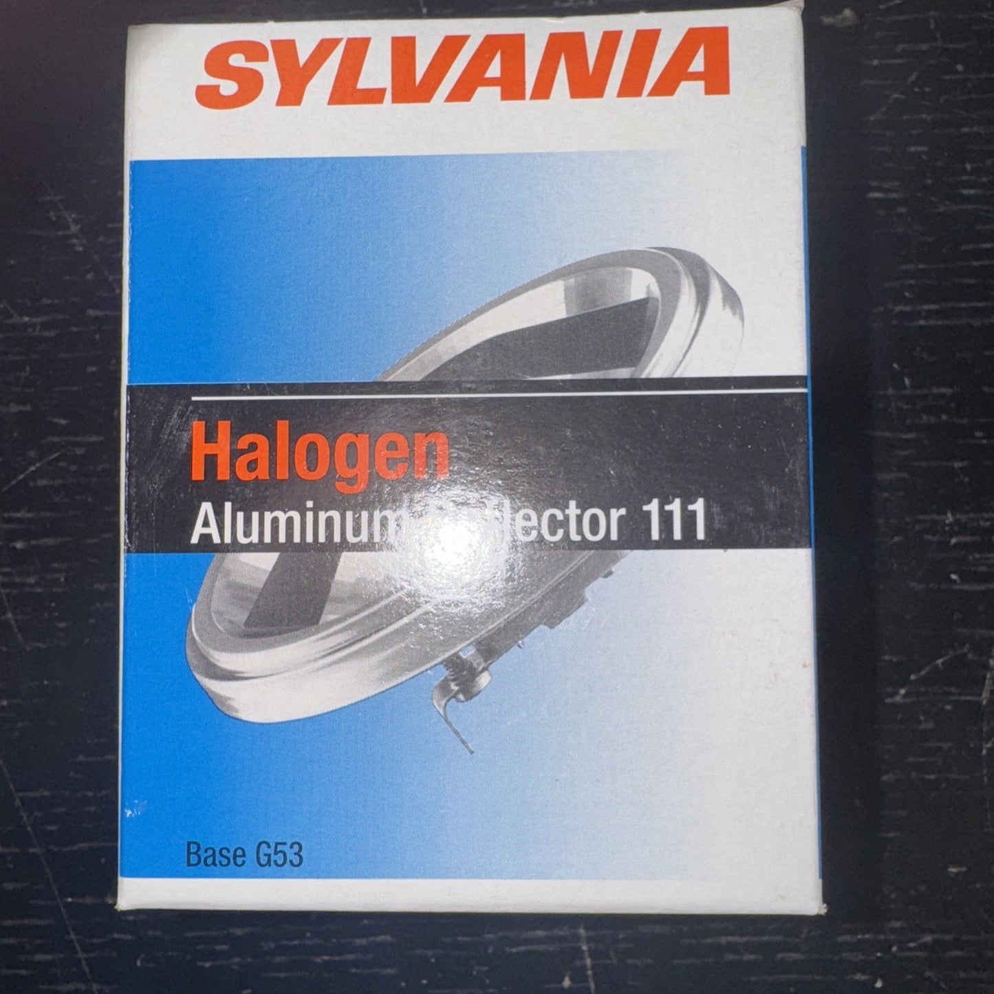 Sylvania halogen aluminum reflector 111 bulb packaging with blue and white design and orange text on front