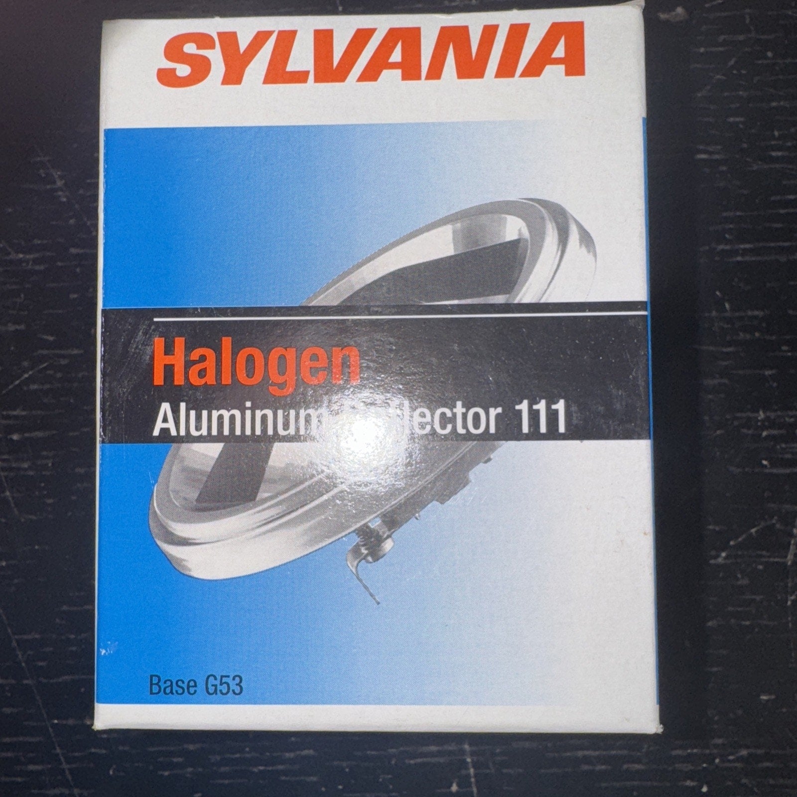 Sylvania halogen aluminum reflector 111 bulb packaging with blue and white design and orange text on front