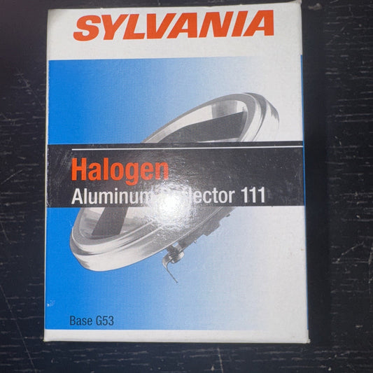 Sylvania halogen aluminum reflector 111 bulb packaging with blue and white design and orange text on front