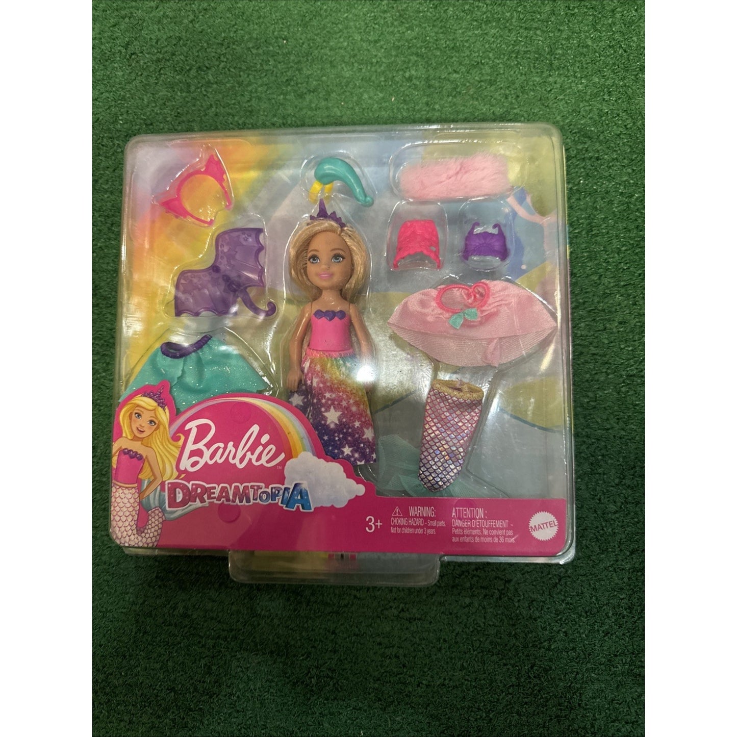 NIB Barbie Dreamtopia Chelsea Doll Dress-up Set featuring mermaid and princess outfits in colorful packaging