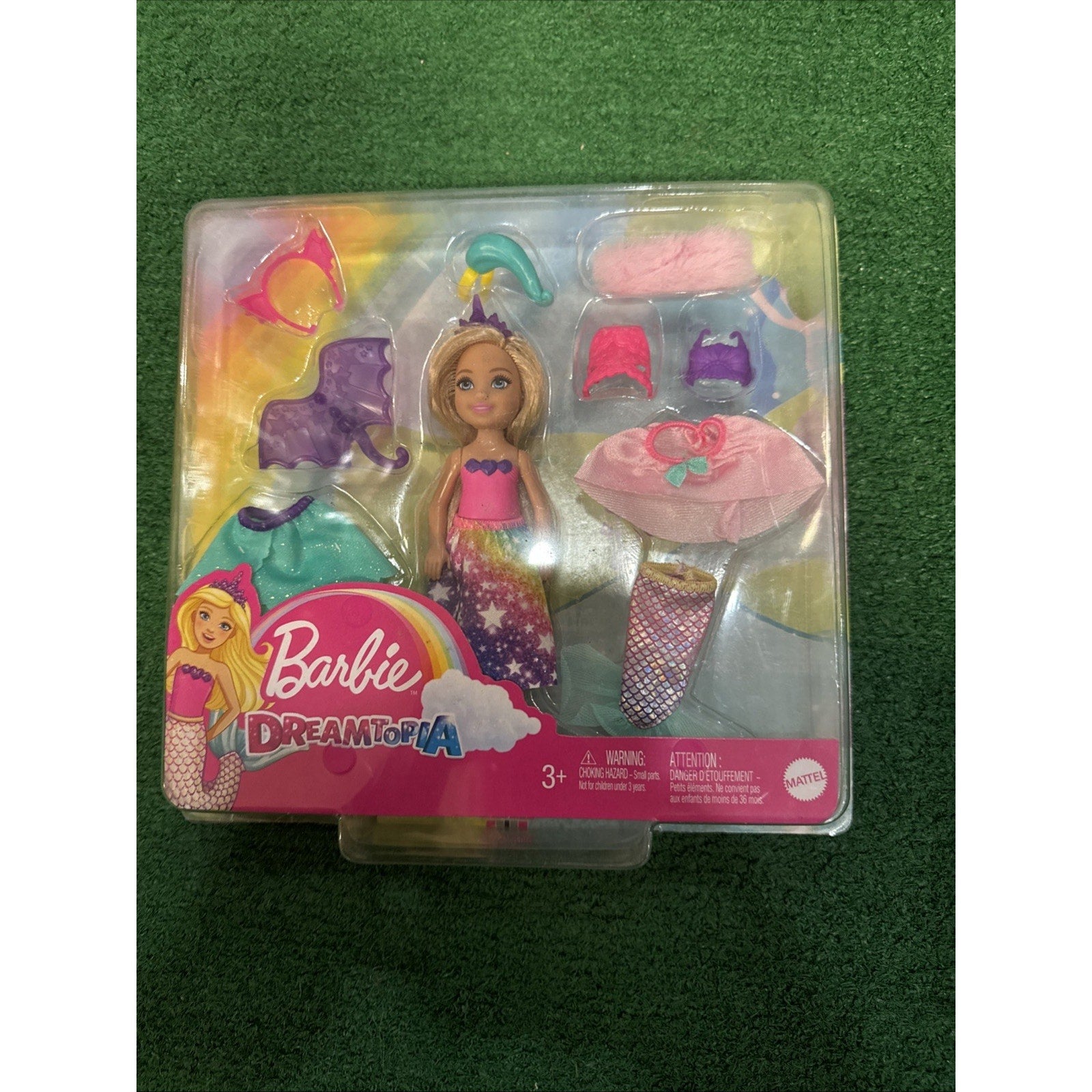NIB Barbie Dreamtopia Chelsea Doll Dress-up Set featuring mermaid and princess outfits in colorful packaging