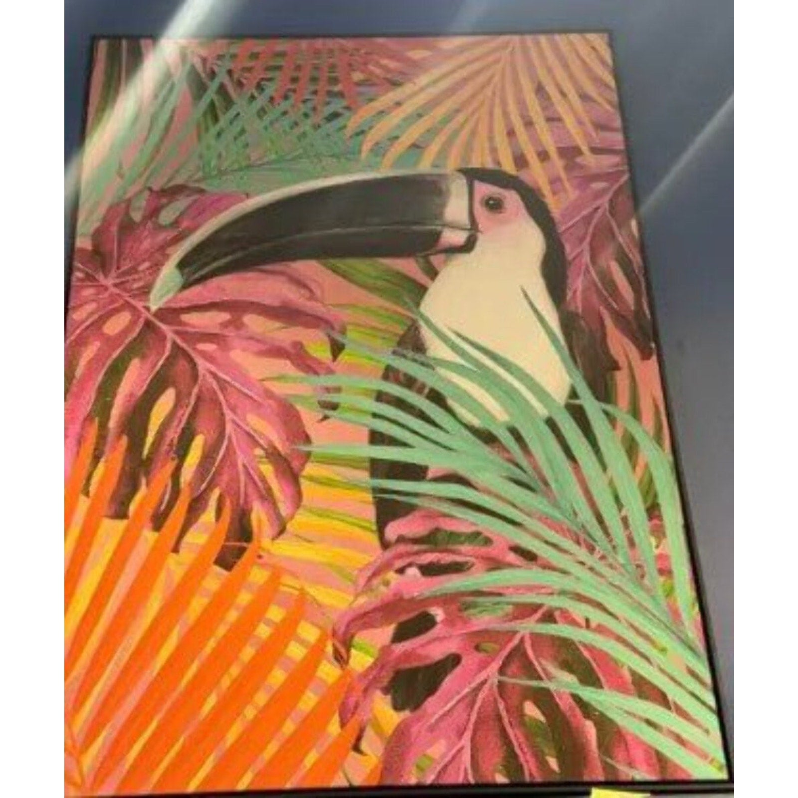 Fluorescent toucan framed print with neon pink, orange, and green tropical leaves on 48 by 36 inch canvas