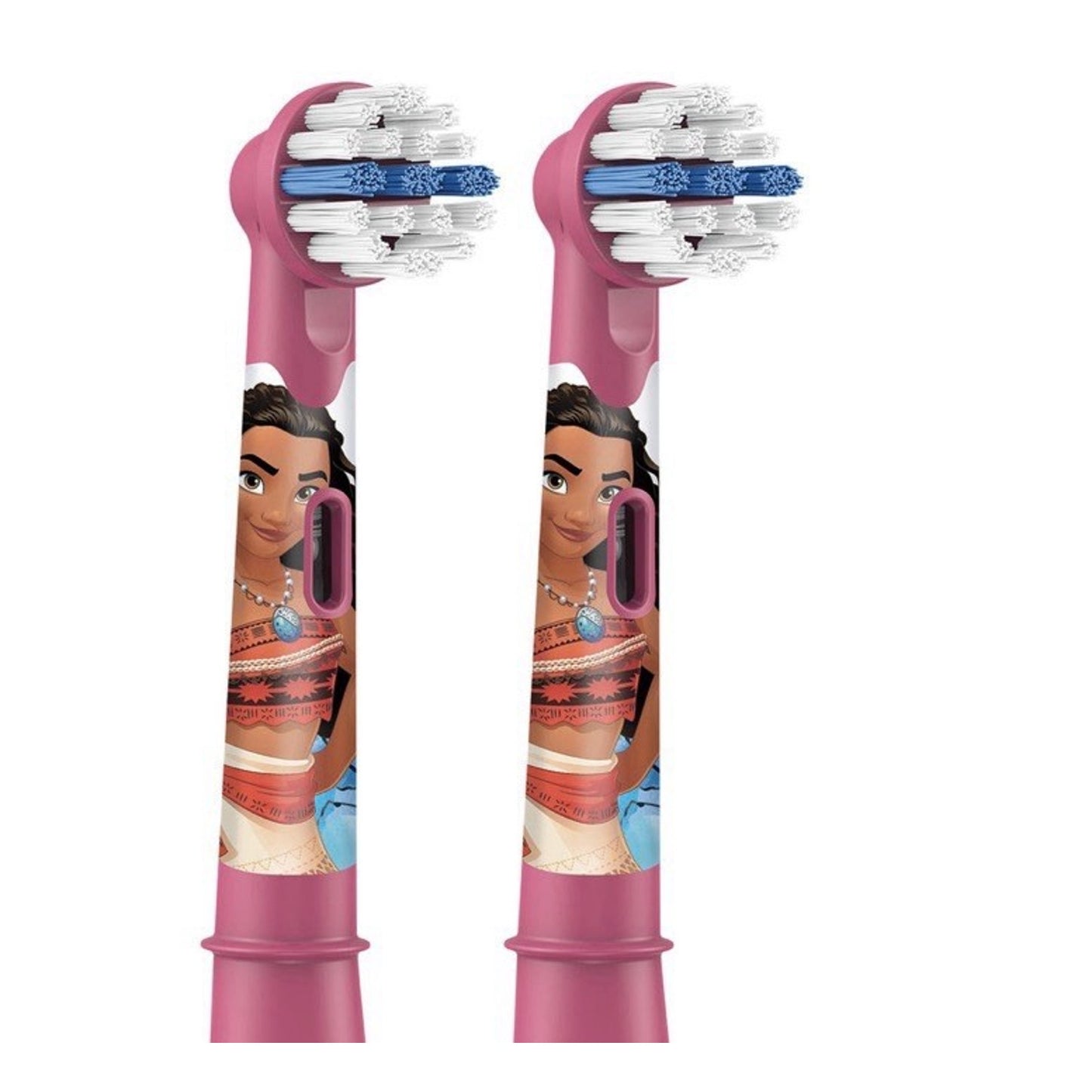 Two pink electric toothbrush replacement heads featuring a character design with dark hair and a colorful outfit, each with white and blue bristles arranged in a circular pattern.