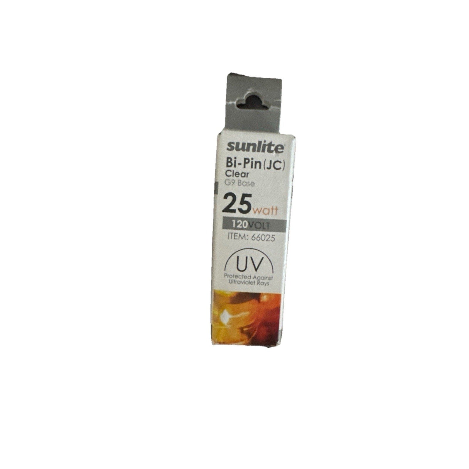 Sunlite 25 watt bi-pin clear light bulb with G9 base in white packaging showing UV protection label and wattage details