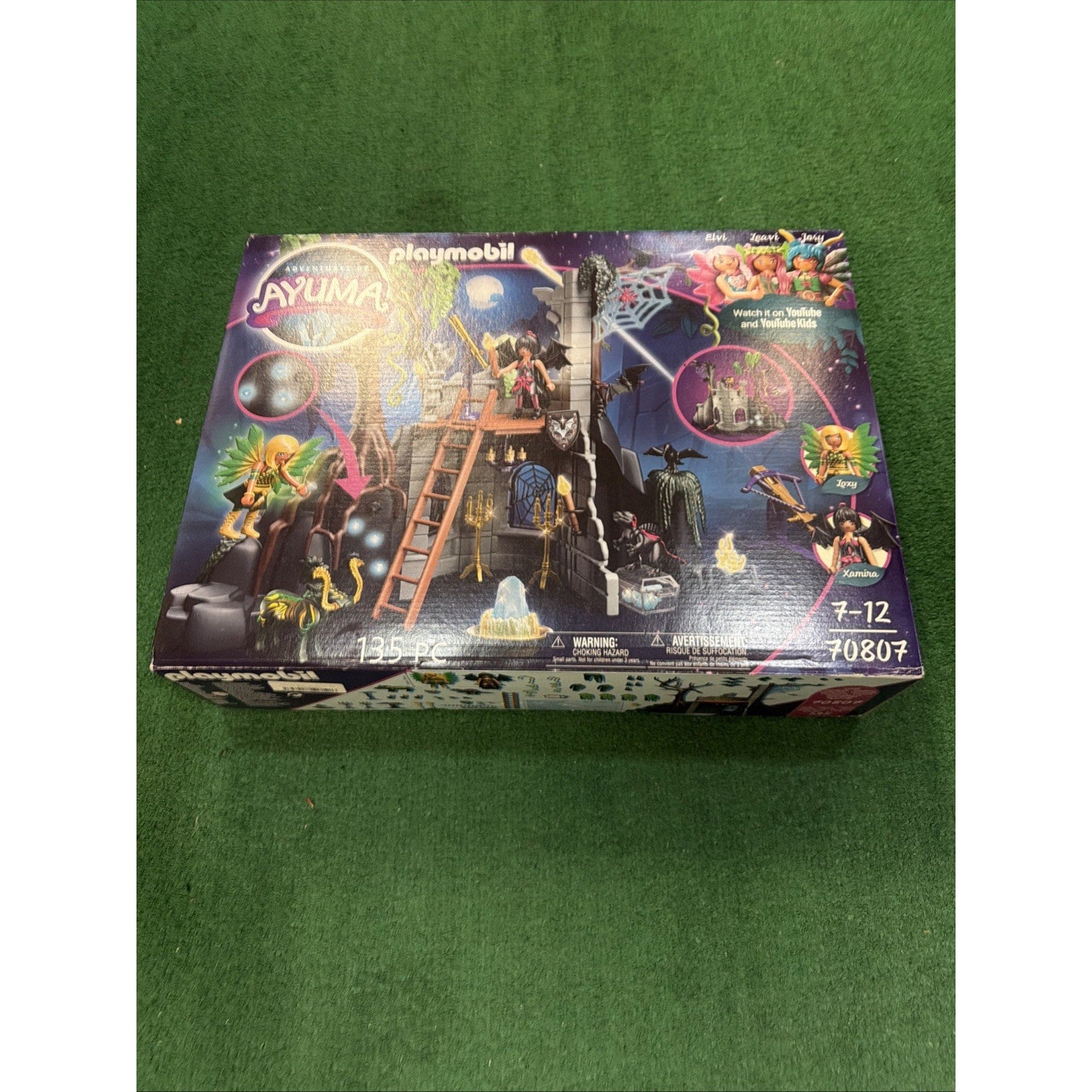 Box of Playmobil Ayuma fairy-tale themed playset featuring a dark tower with ladder, magical creatures, and several fairy figurines shown on a green carpet background.