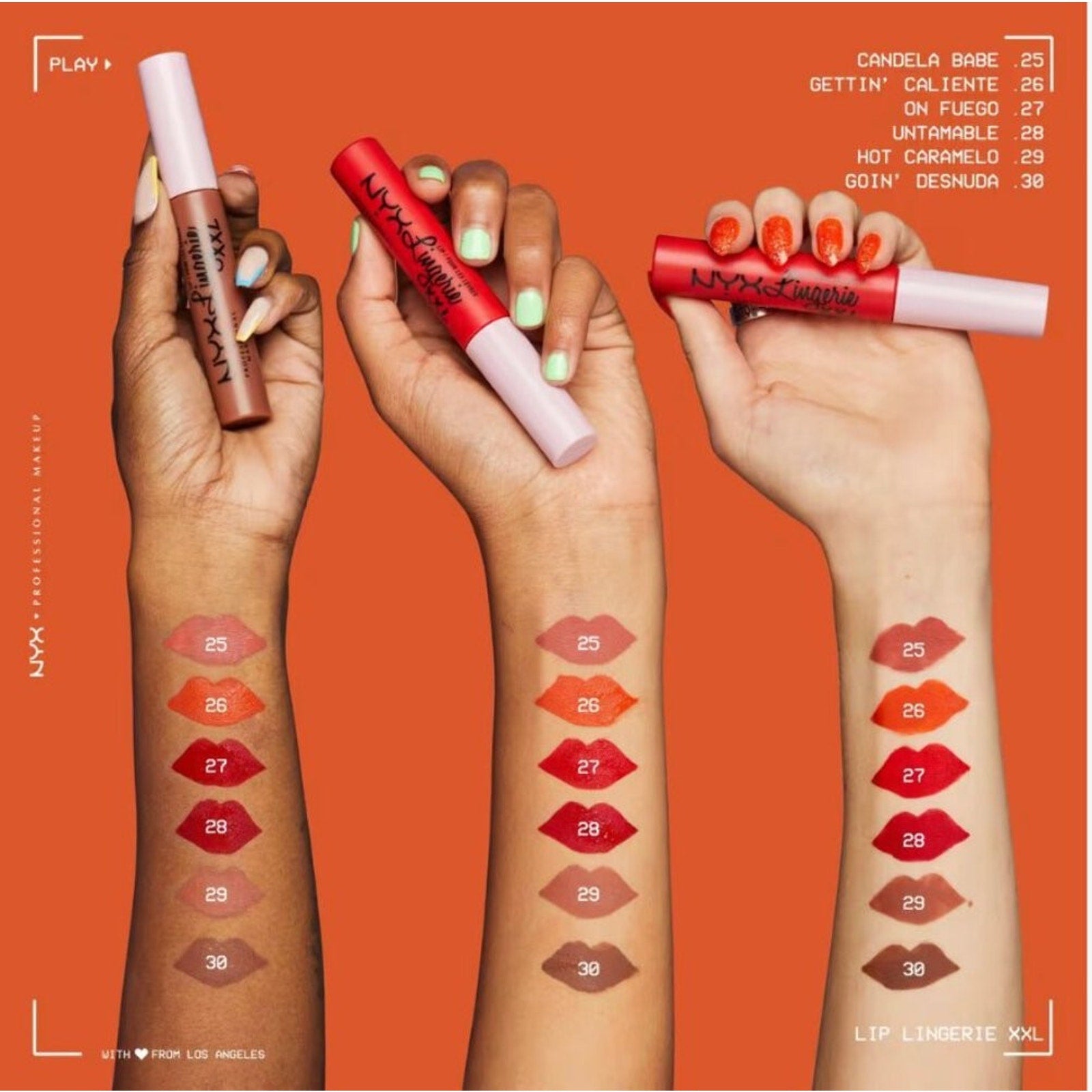 Three hands holding NYX lip lingerie liquid lipsticks against an orange background, each wrist showing six swatches of lipstick shades ranging from nude to deep red tones.