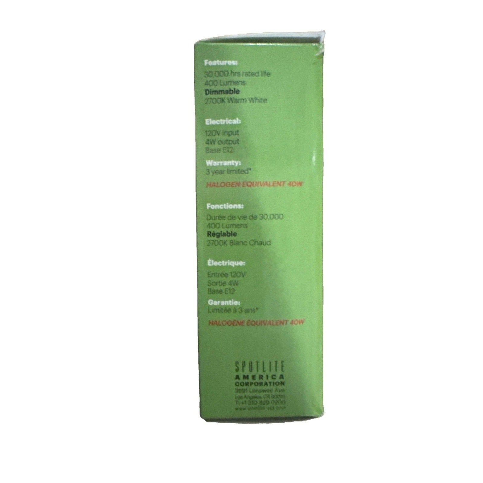 Side view of Spotlite Full-Spectrum LED Filament Candle Bulb packaging showing features and electrical specifications