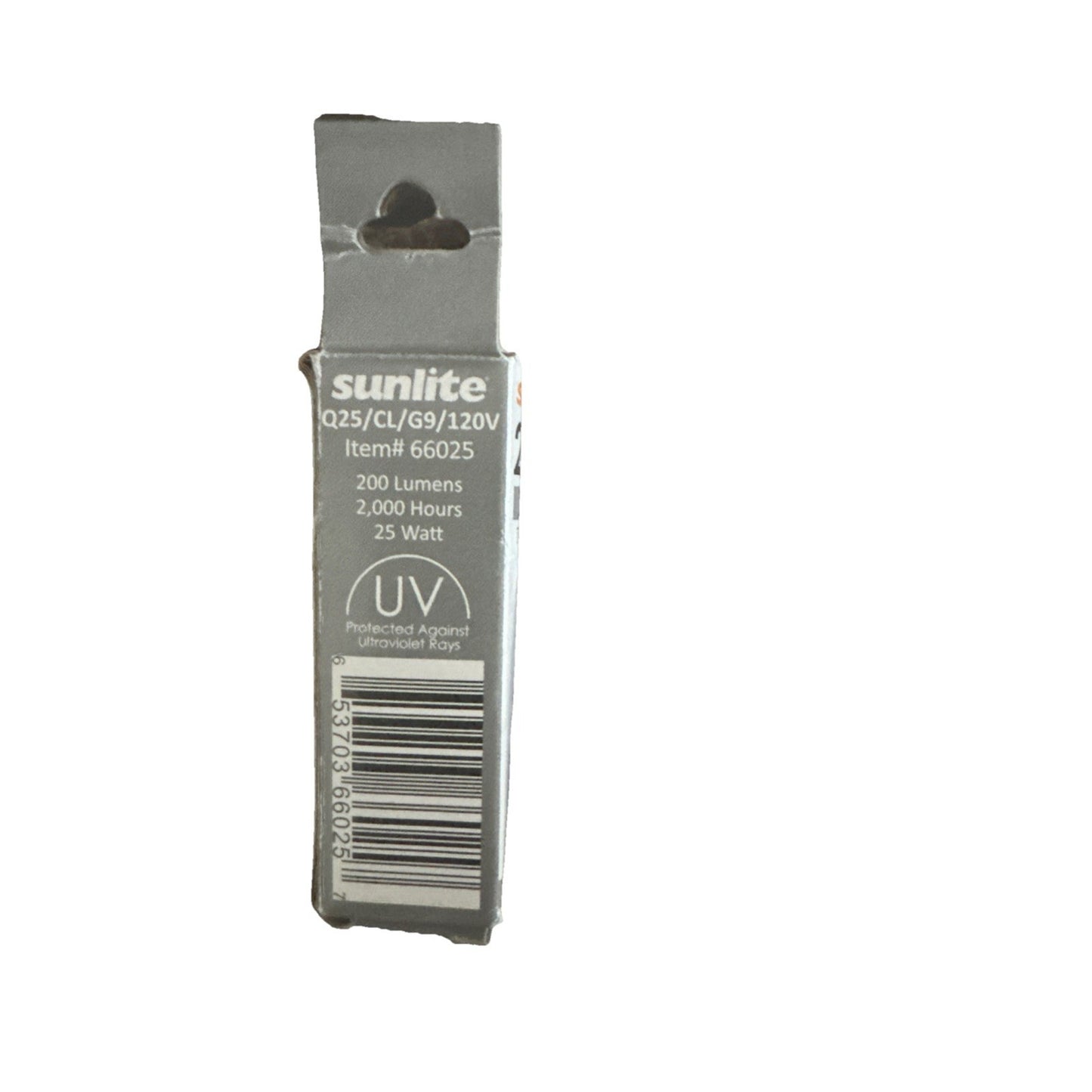 Sunlite 25 watt 120 volt Q25/CL/G9 bi-pin light bulb packaging with UV protection and barcode on side
