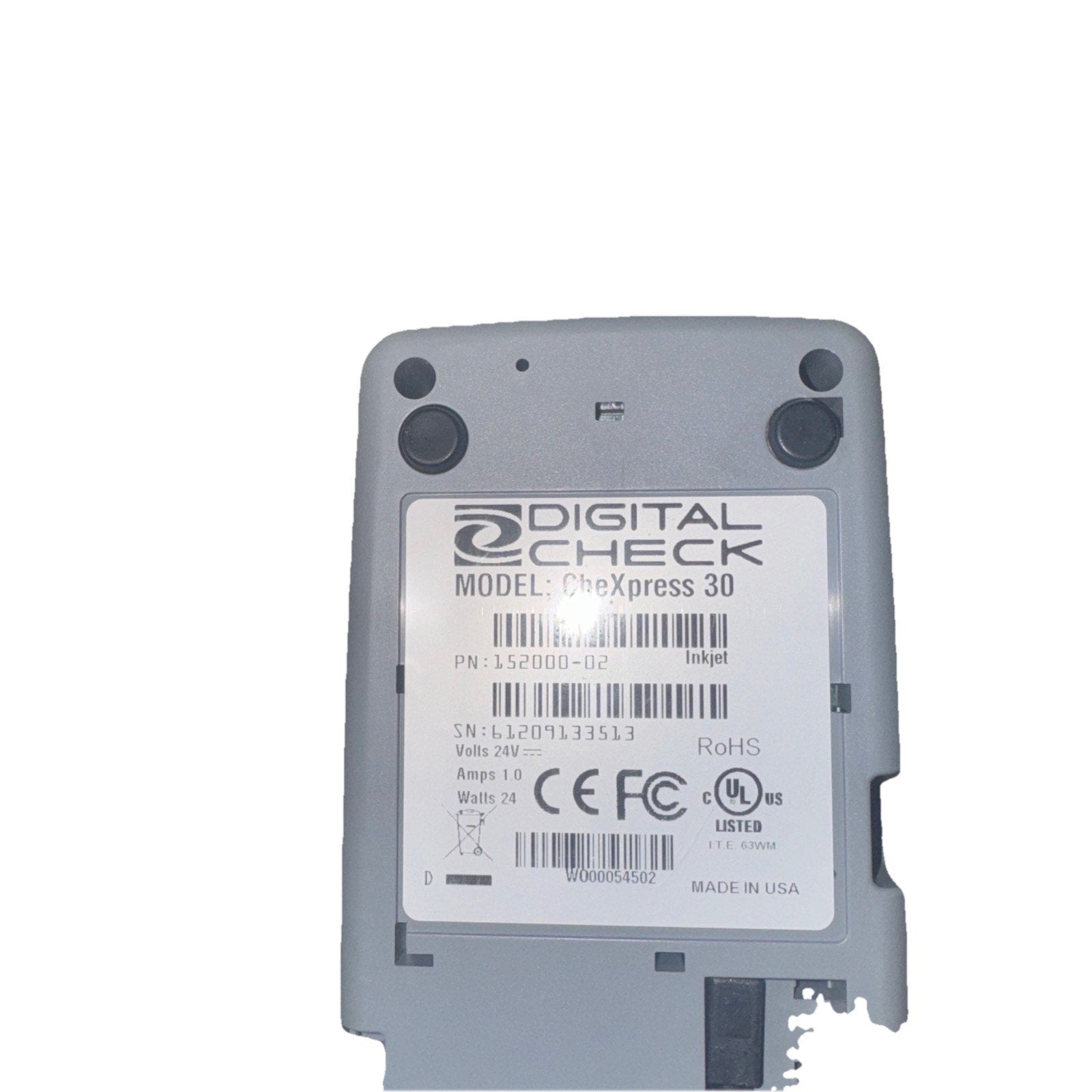 Bottom view of Digital Check CheXpress 30 CX30 InkJet Check Scanner showing label and model information